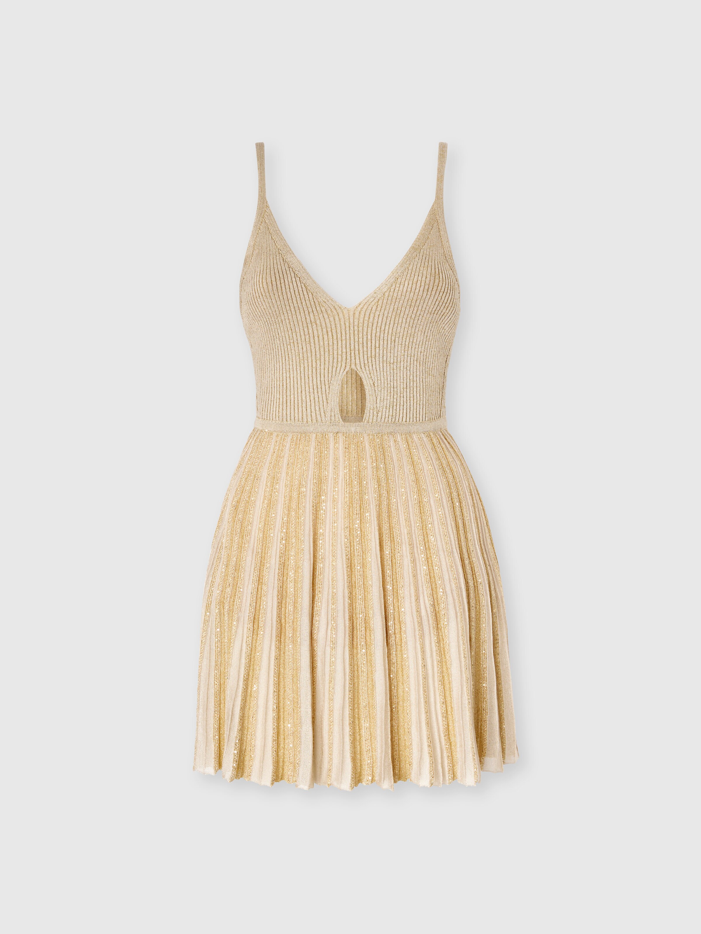 Ribbed Viscose Lamé Mini Dress with Cut-Out Detail, Green& Brown - 0