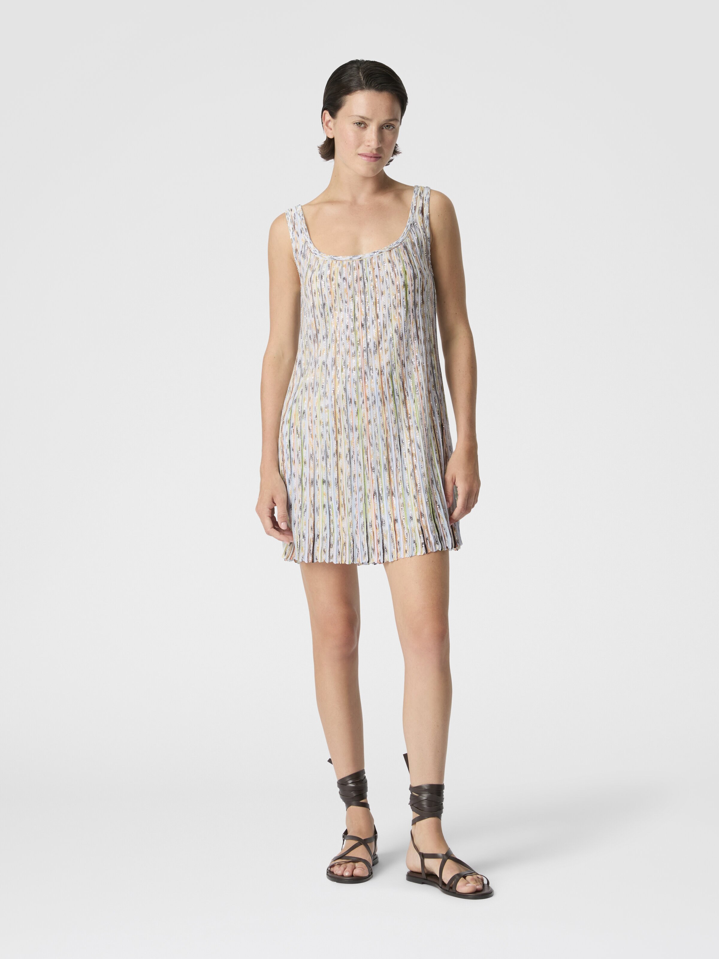 Sleeveless Mixed Viscose Mini Dress with Sequins, Green& Brown - 1