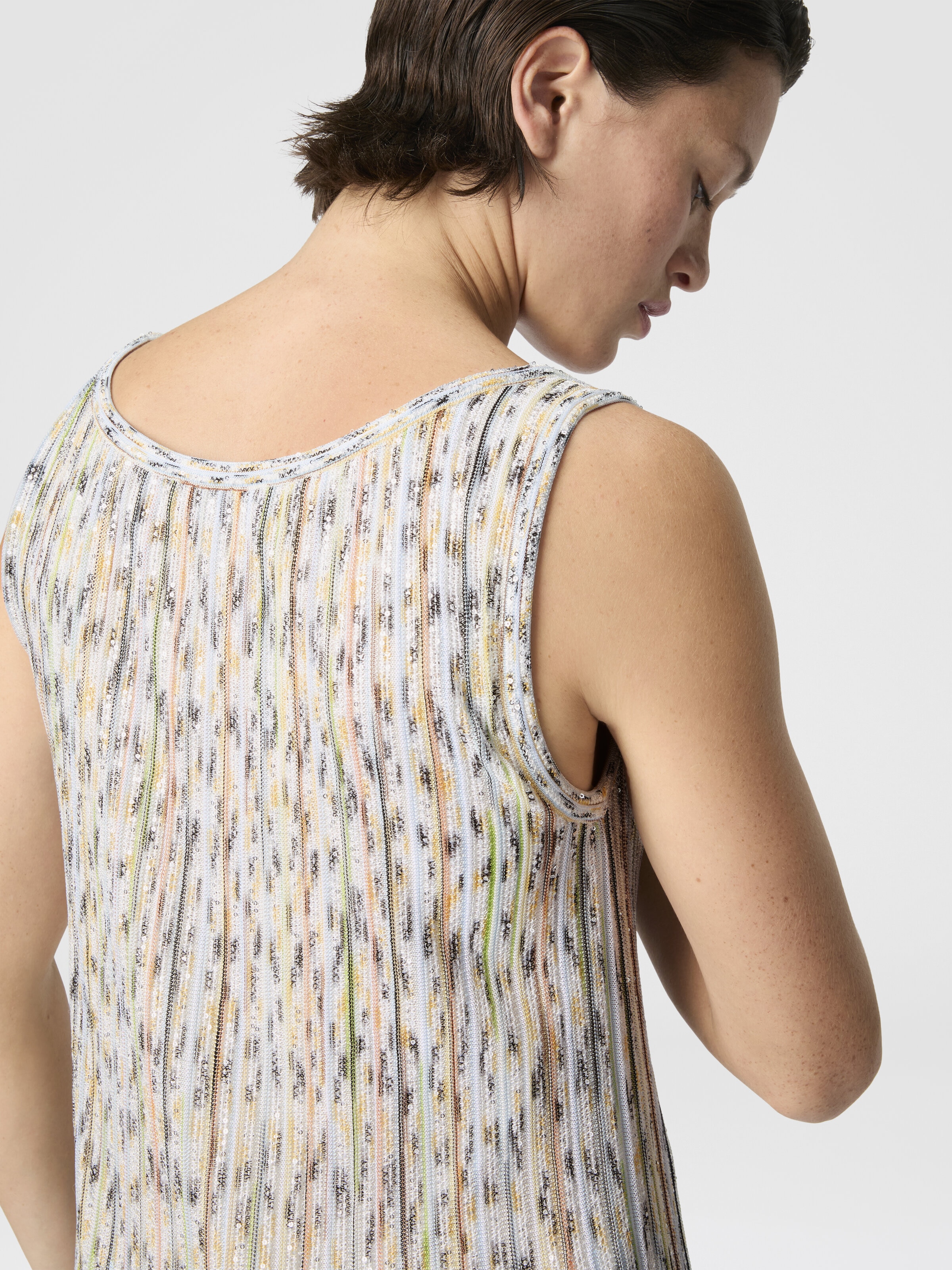 Sleeveless Mixed Viscose Mini Dress with Sequins, Green& Brown - 4