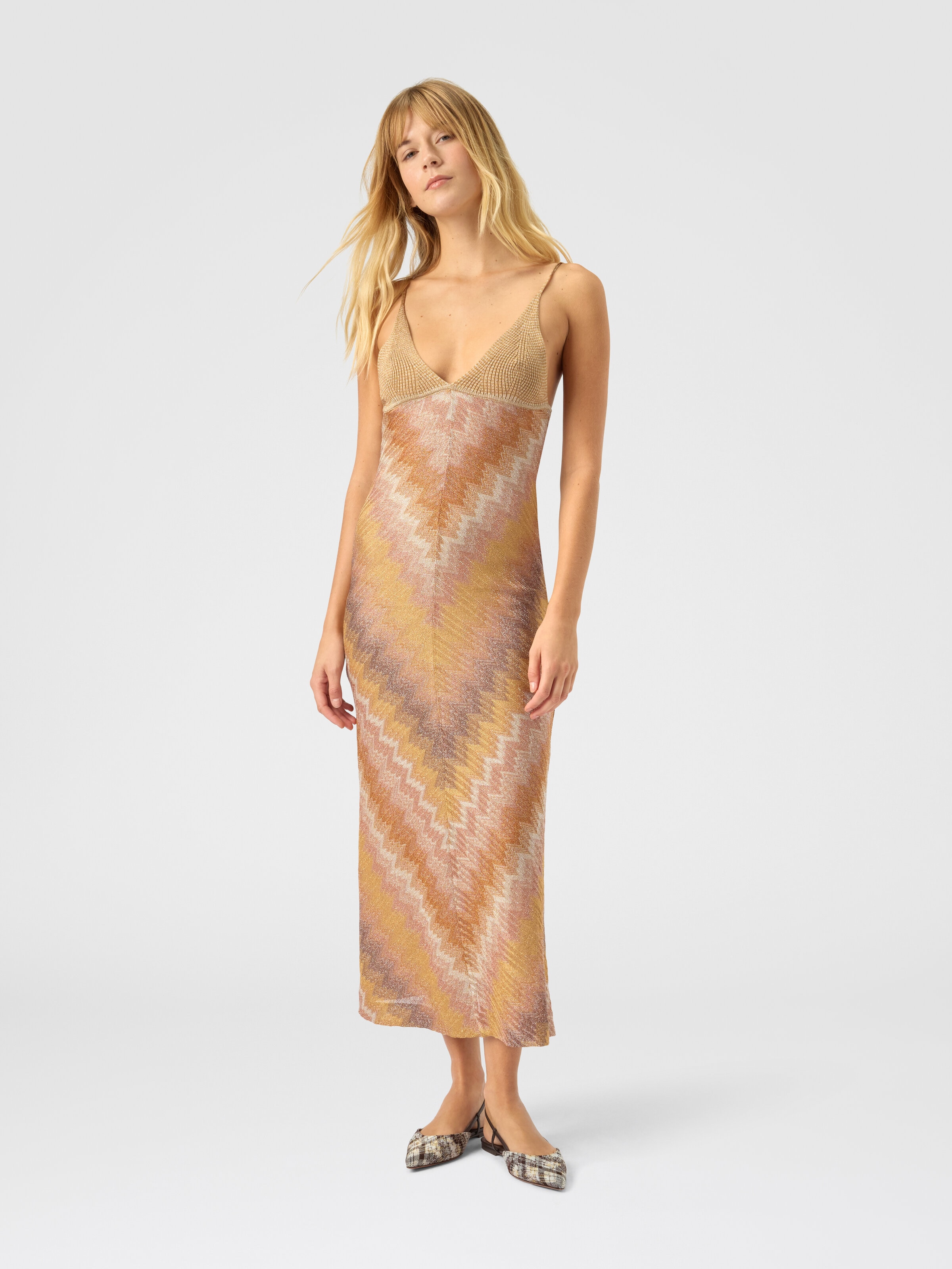 Viscose Lamé Gown with Deep Neckline, Green& Brown - 1