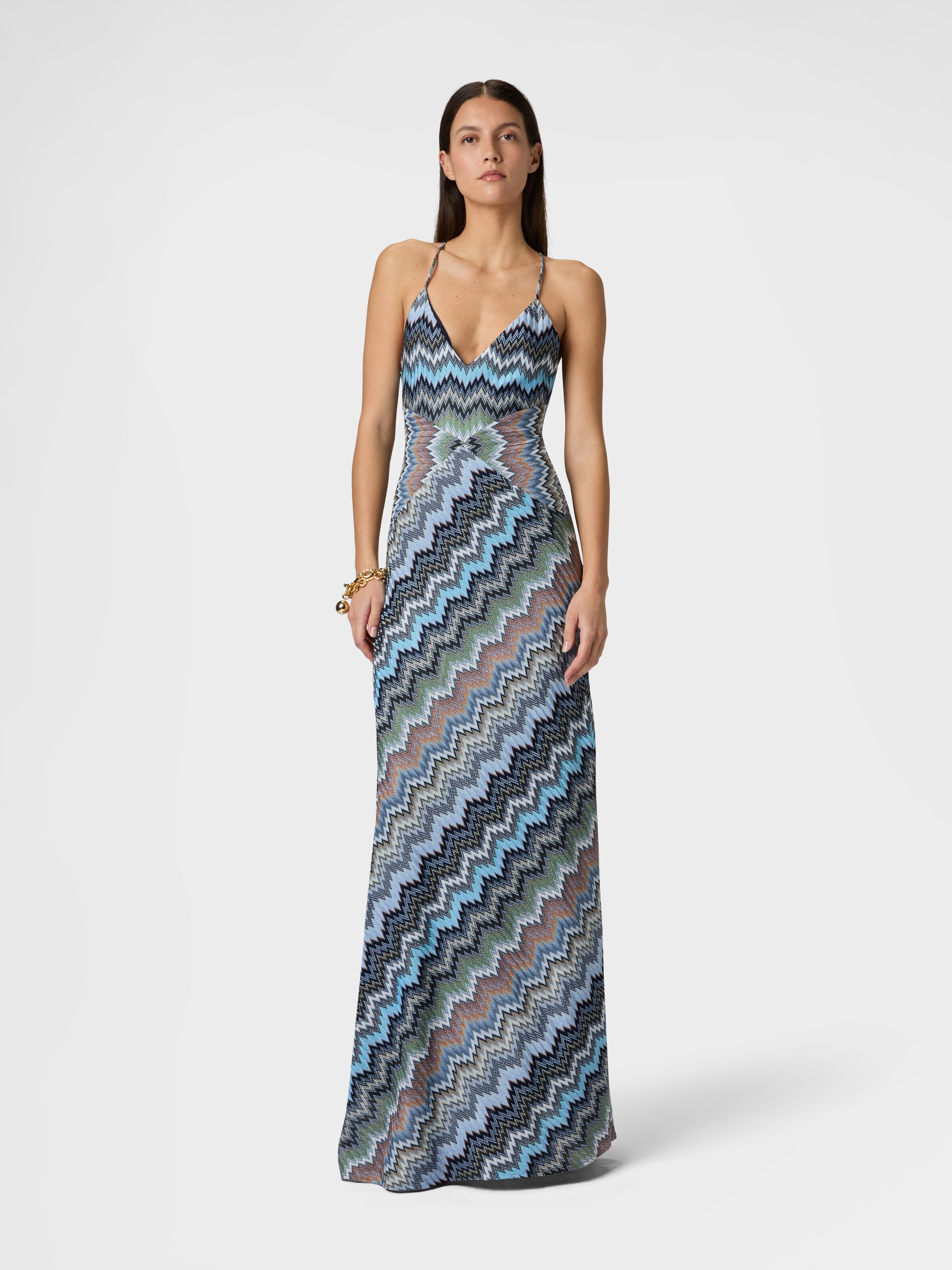 MISSONI カシミヤ ストライプ ベスト　① Long dress with crossed straps in chevron viscose Green& Brown