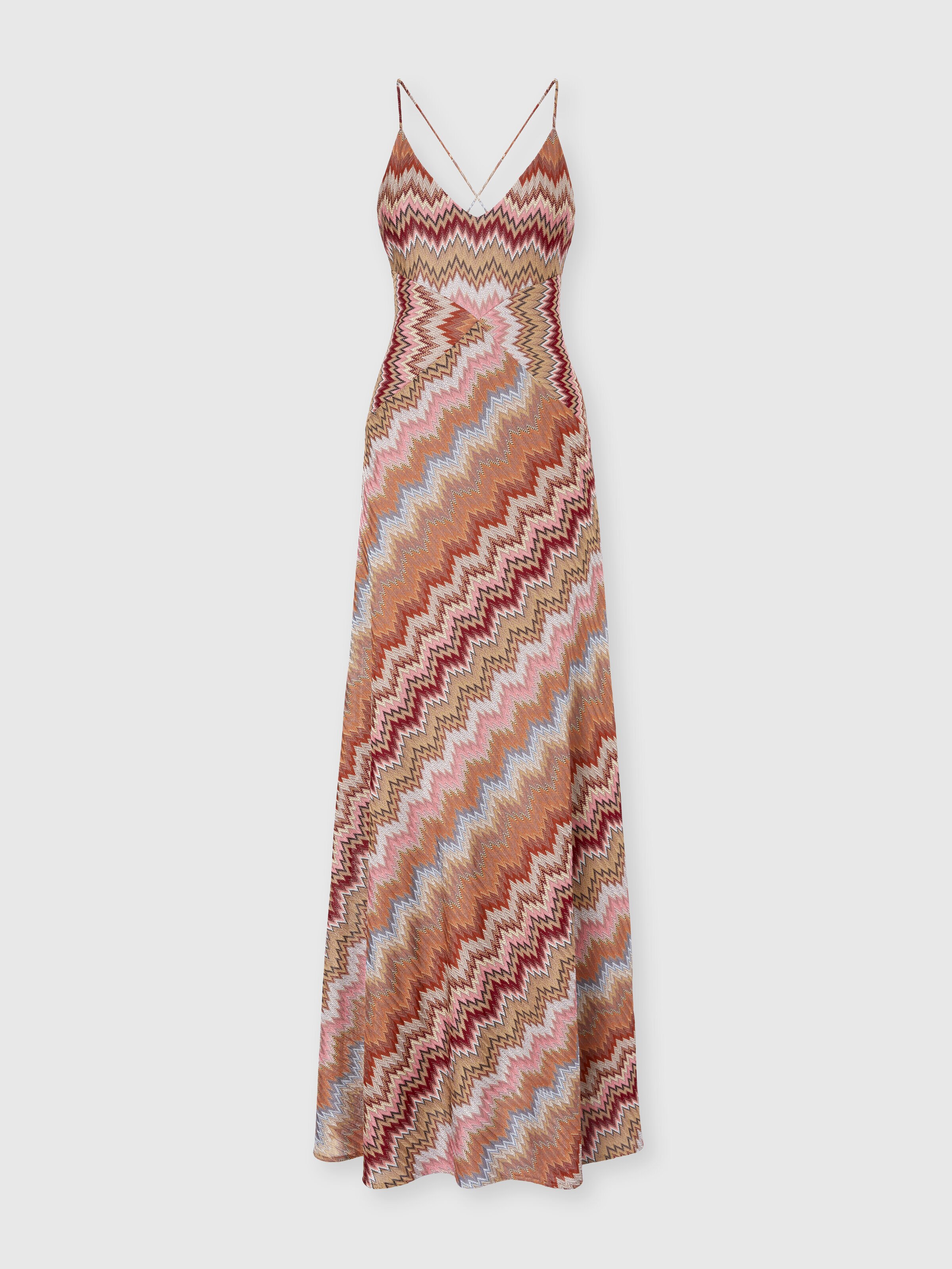 Long dress with crossed straps in chevron viscose, Green& Brown - 0