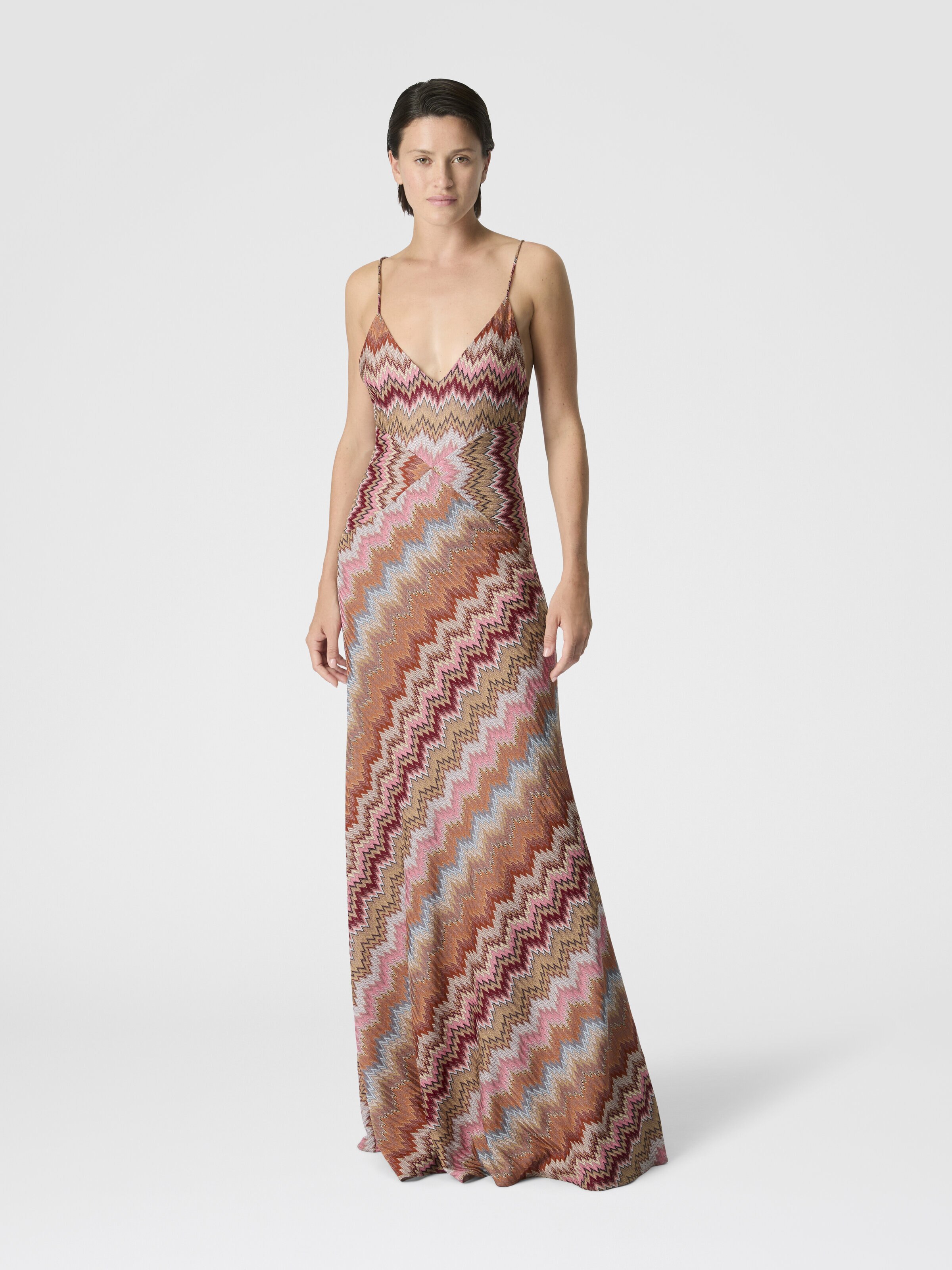 Long dress with crossed straps in chevron viscose, Green& Brown - 1