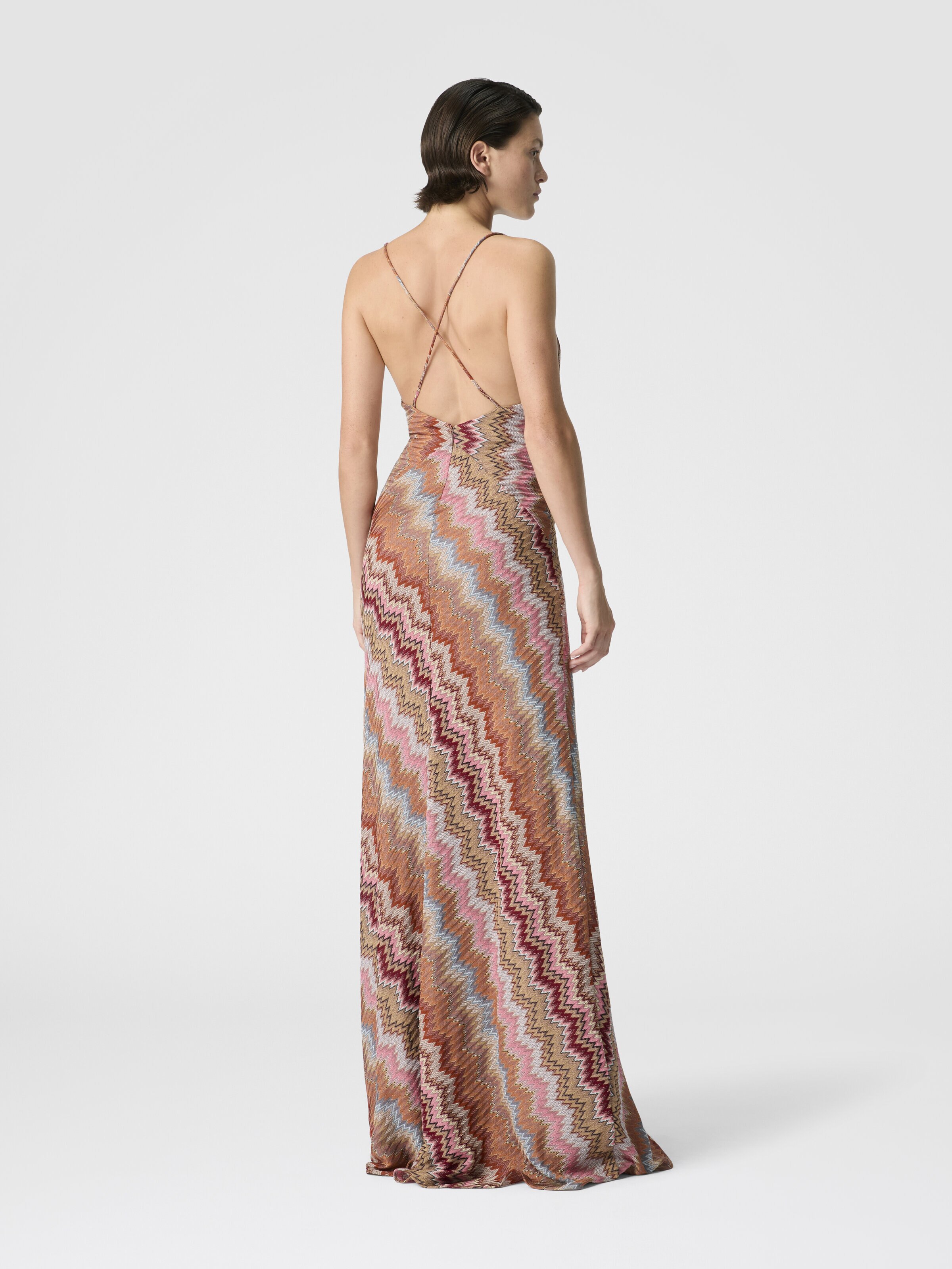 Long dress with crossed straps in chevron viscose, Green& Brown - 2