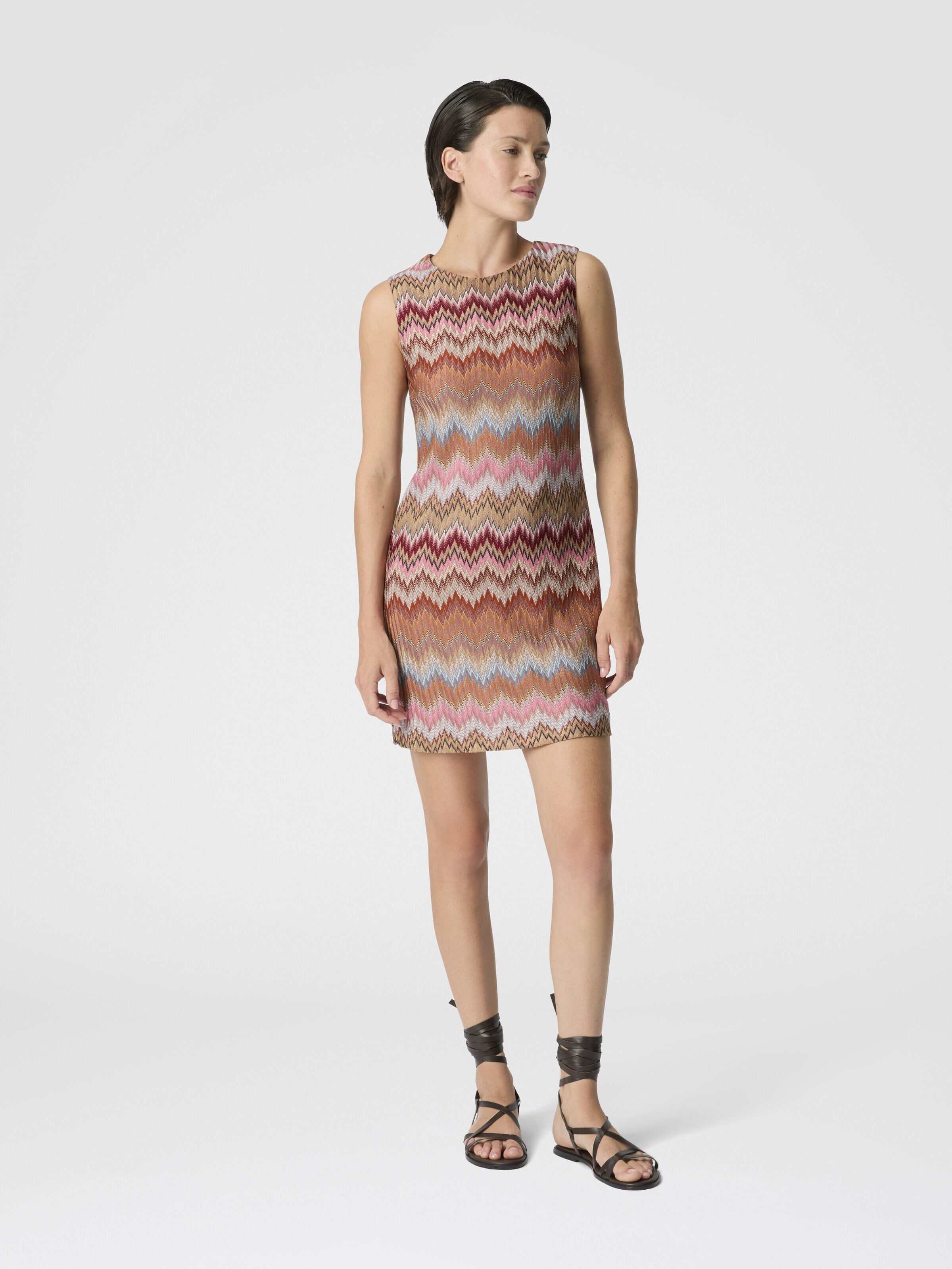 Sleeveless Viscose Chevron Mini Dress, Green& Brown - 1