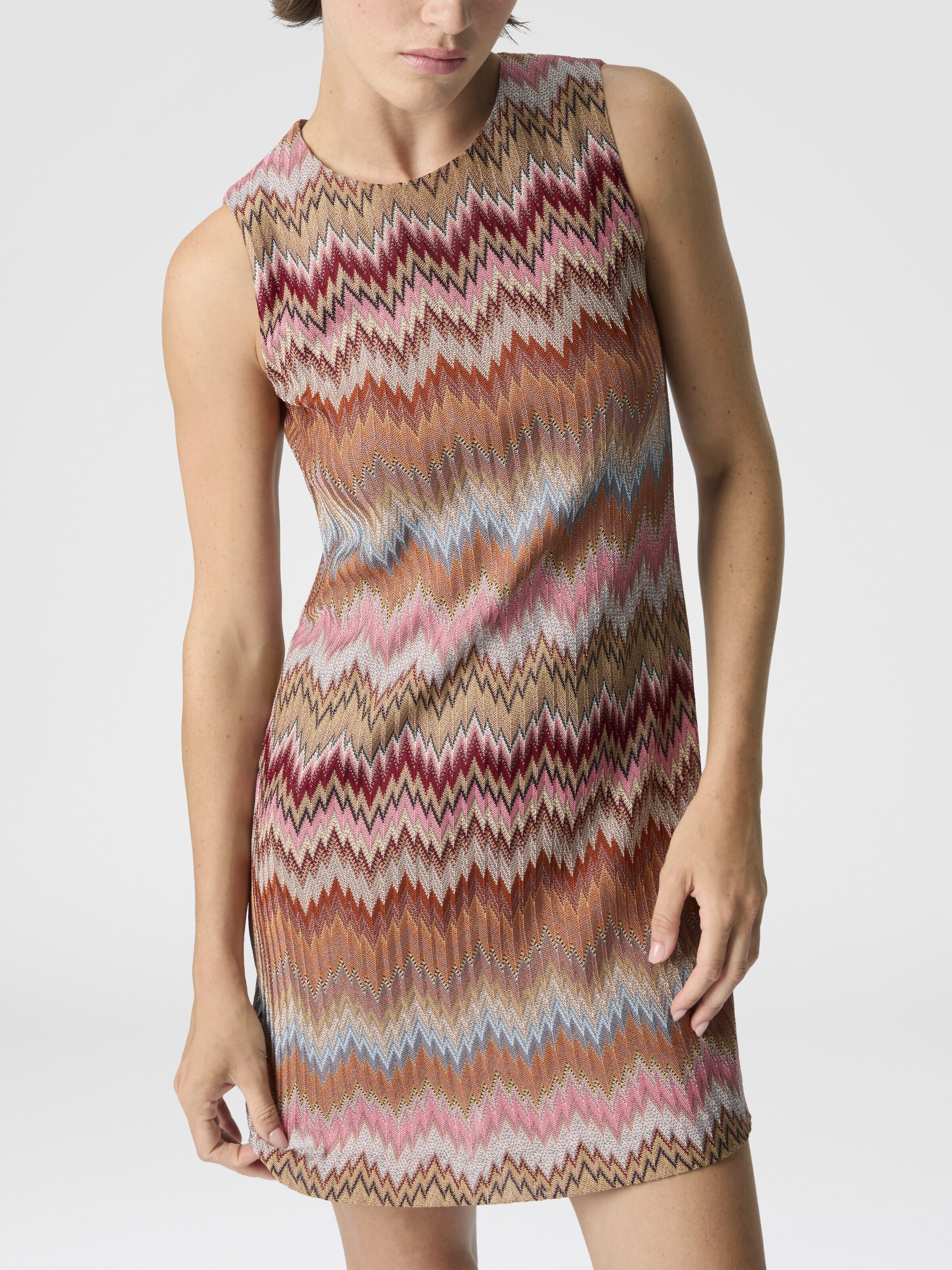 Sleeveless Viscose Chevron Mini Dress, Green& Brown - 3