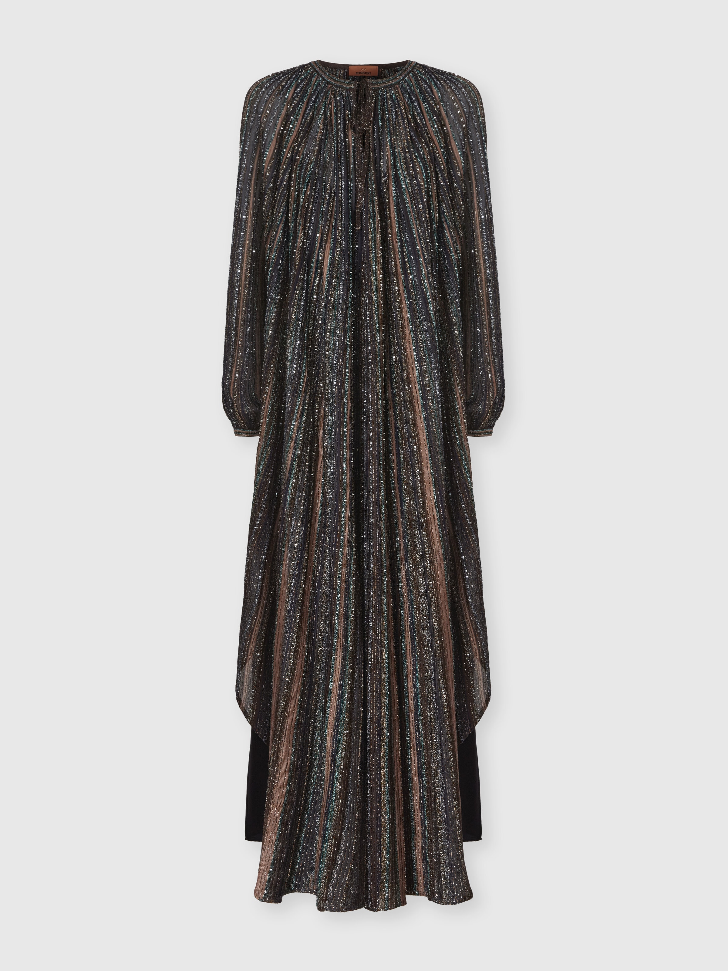 Ribbed Viscose Lamé Caftan with Wide Sleeves, Green& Brown - 0