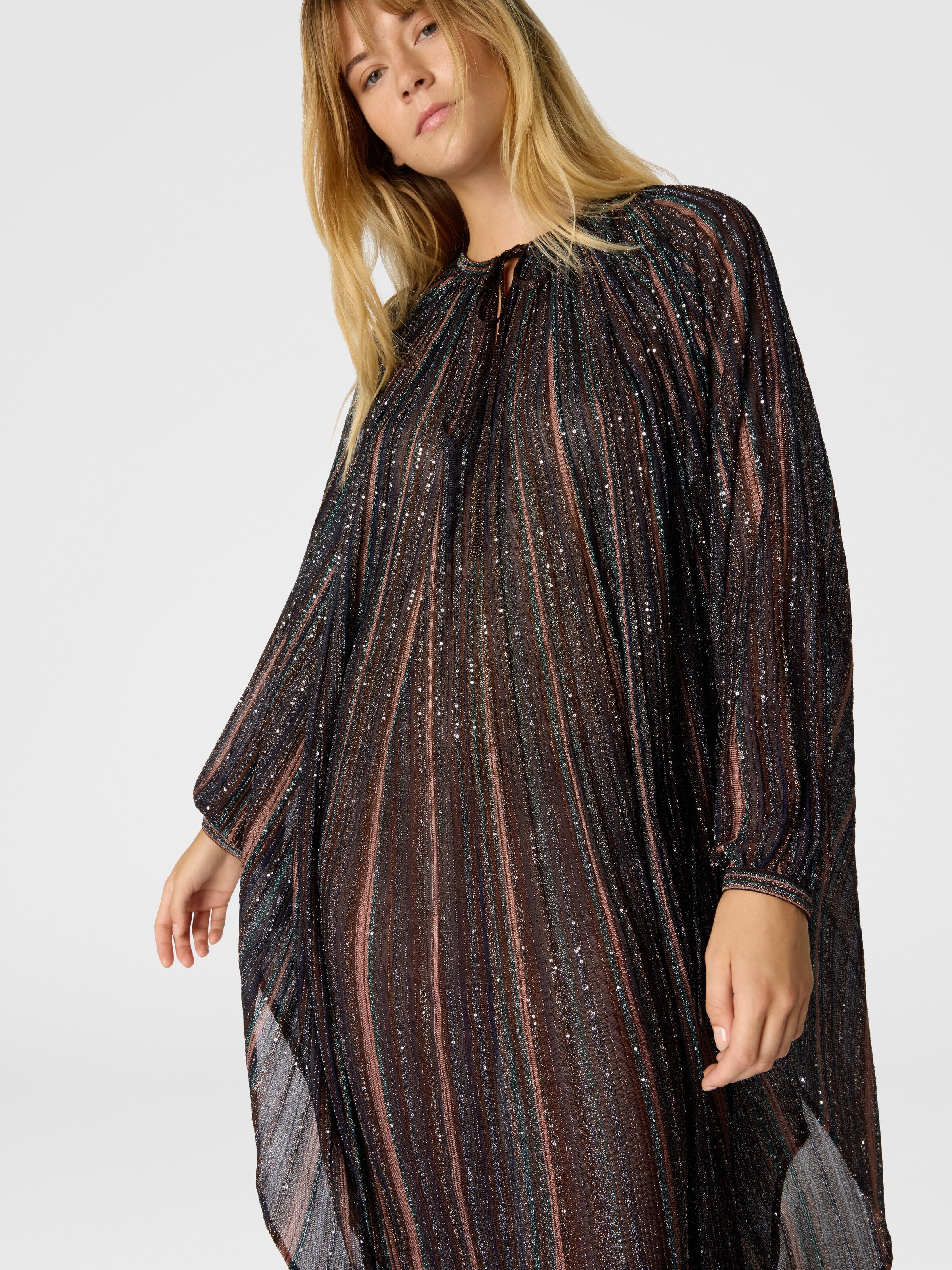 Ribbed Viscose Lamé Caftan with Wide Sleeves, Green& Brown - 3