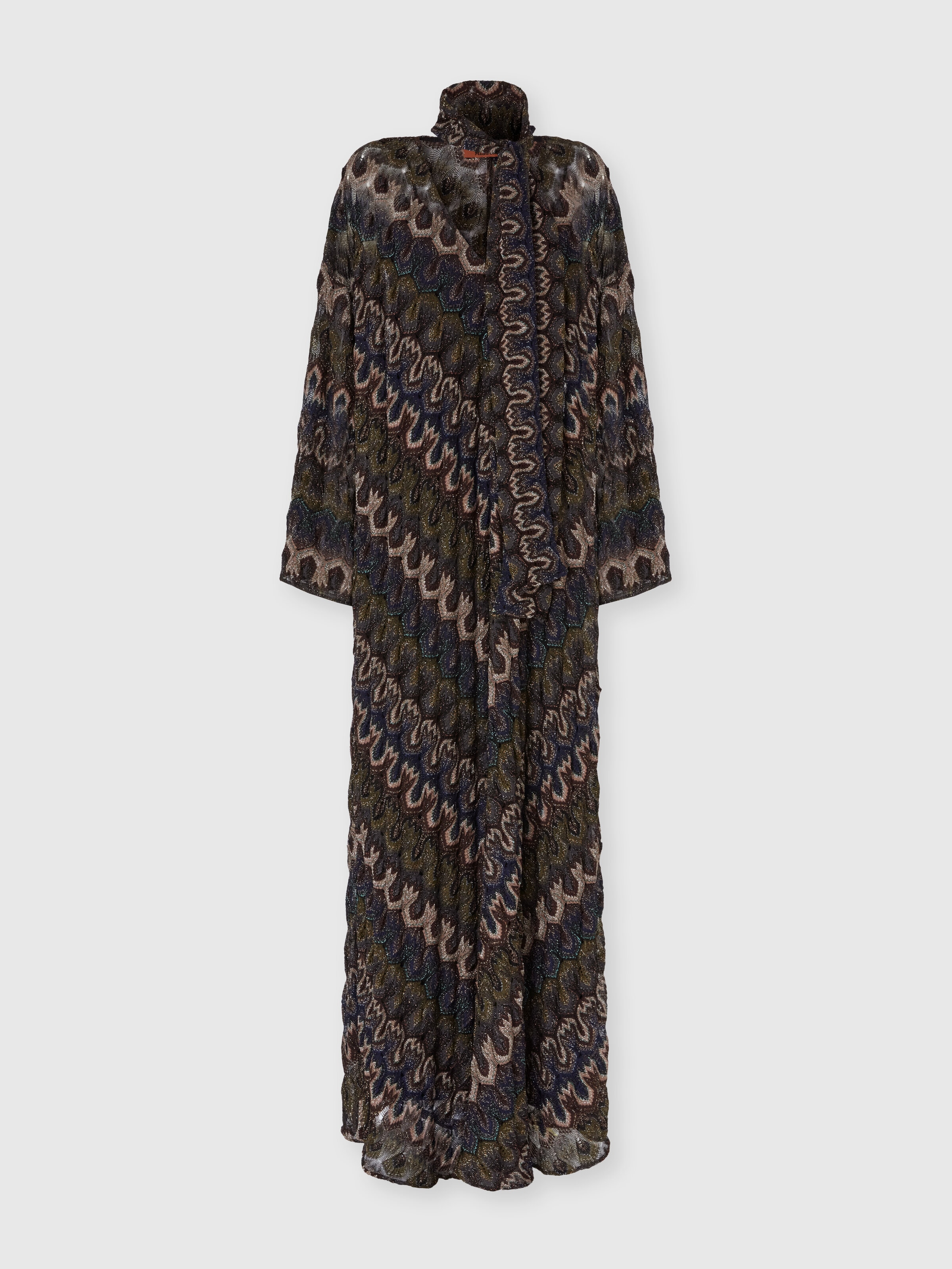 Long lamé viscose dress with removable sash, Green& Brown - 0