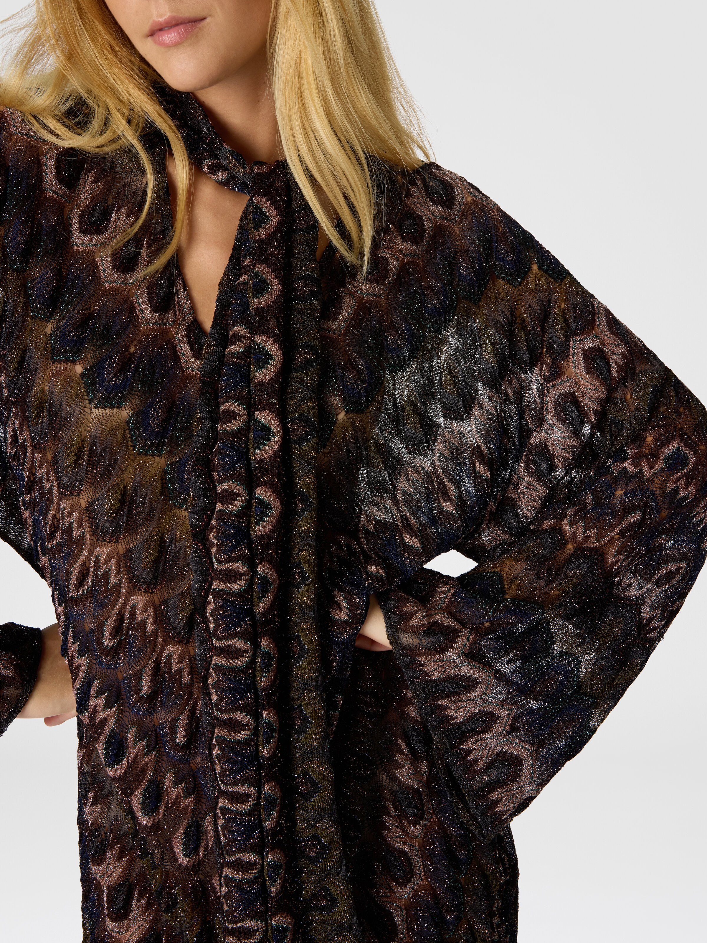 Long lamé viscose dress with removable sash, Green& Brown - 3