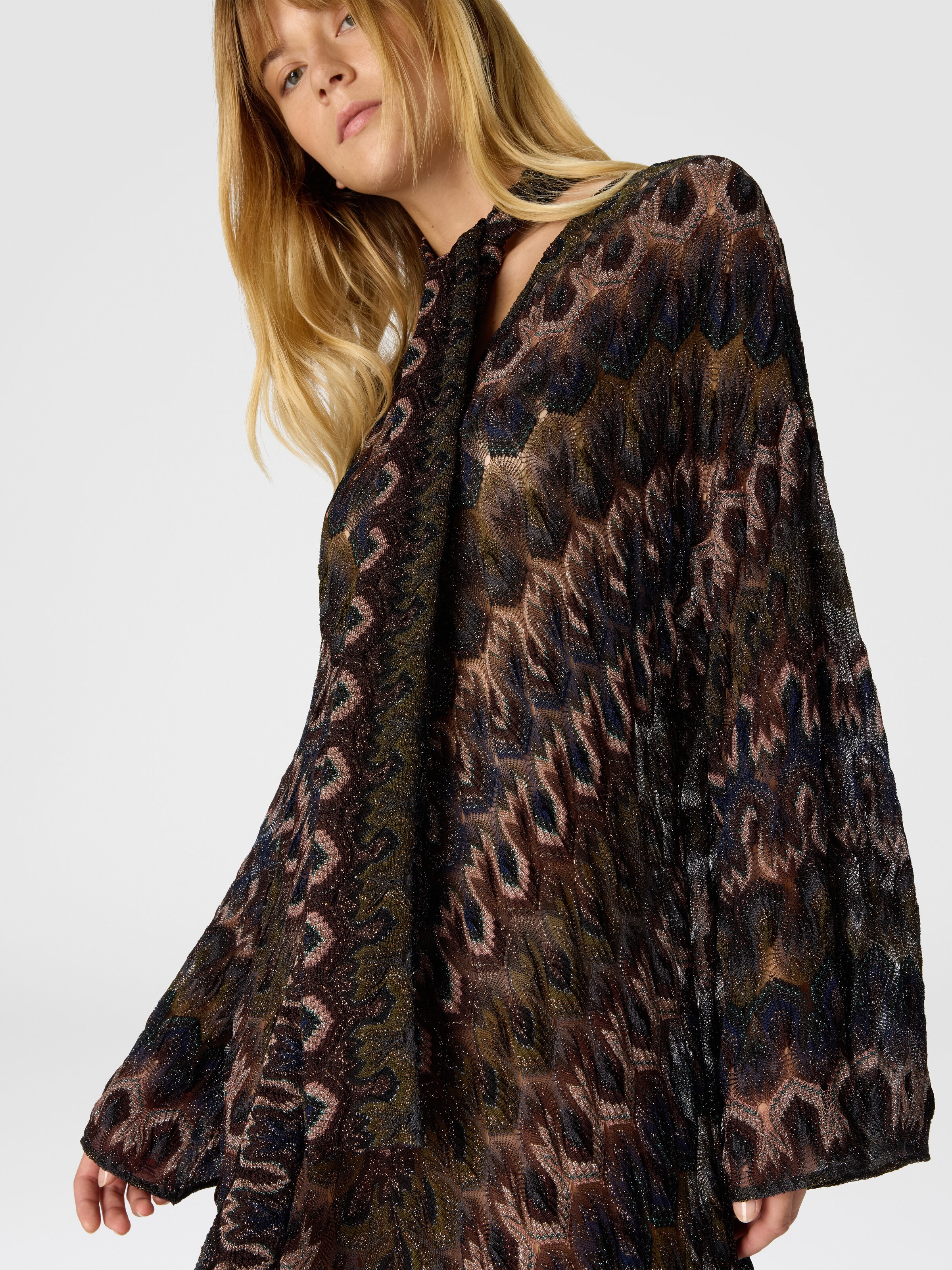 Long lamé viscose dress with removable sash, Green& Brown - 4