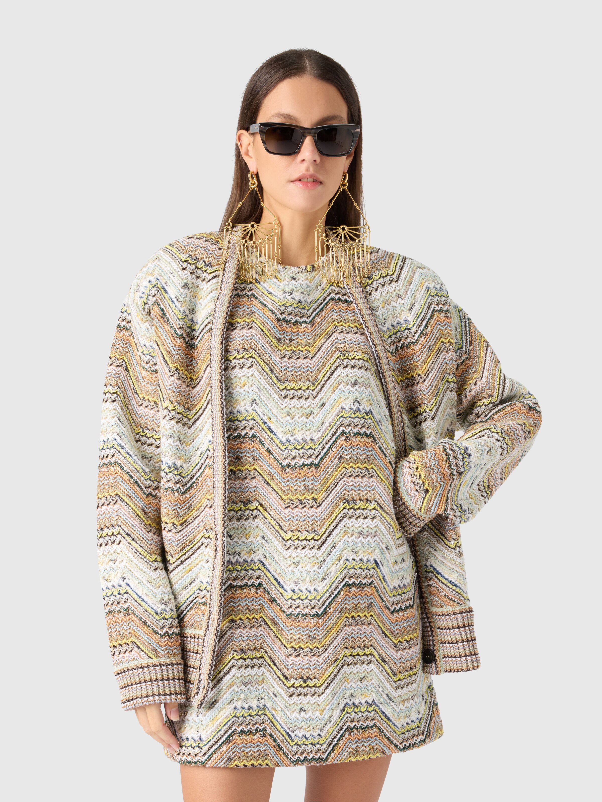 Mini dress in a geometric-style zigzag knit with sequins, Multicoloured  - 3