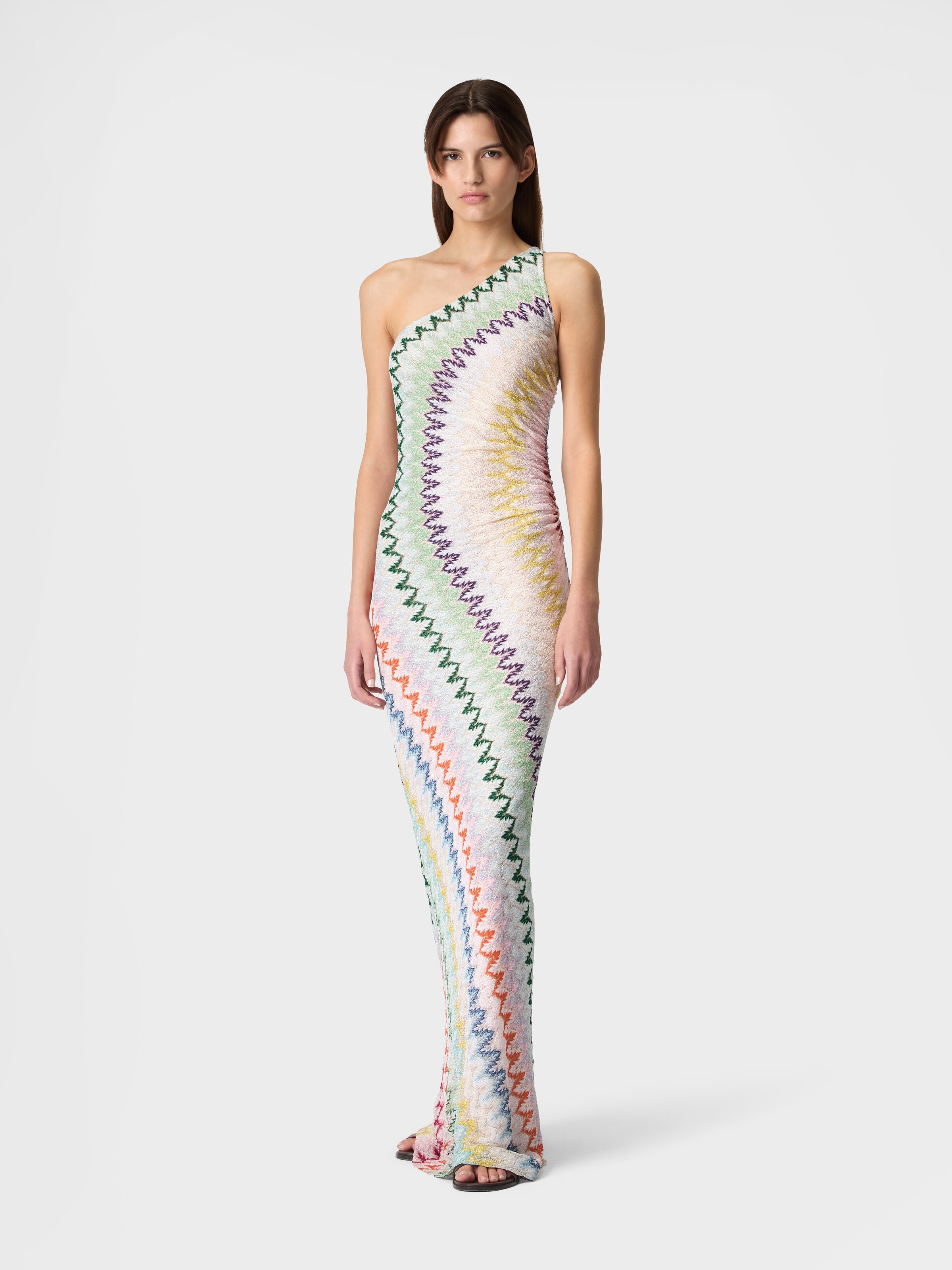 missoni off the shoulder dress Missoni Off Shoulder Dress in a Striped Pattern in Elegant Soft Colors