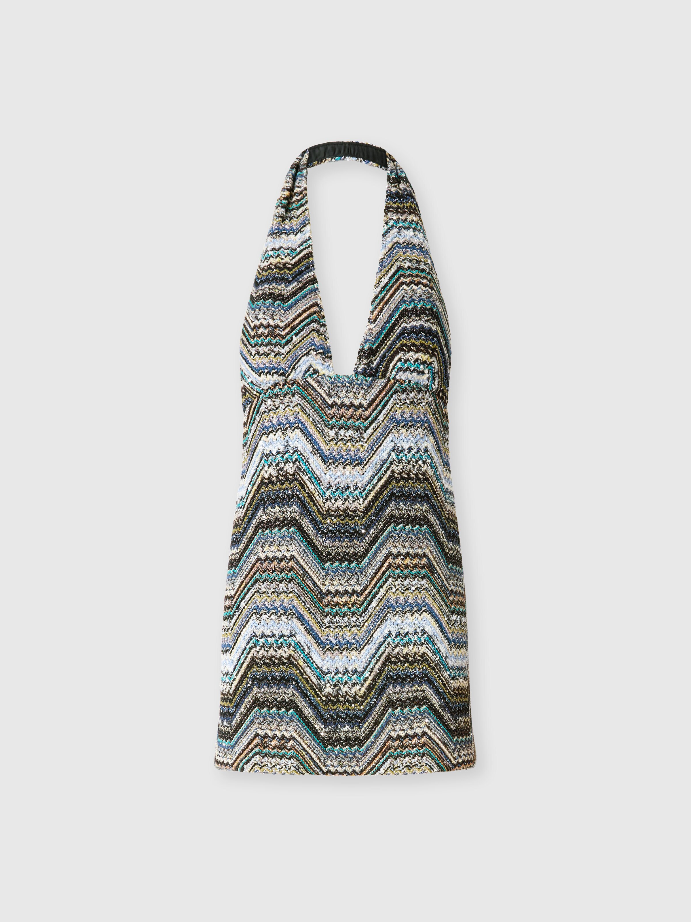 Backless mini dress in a geometric-style zigzag knit with sequins, Multicoloured  - 0
