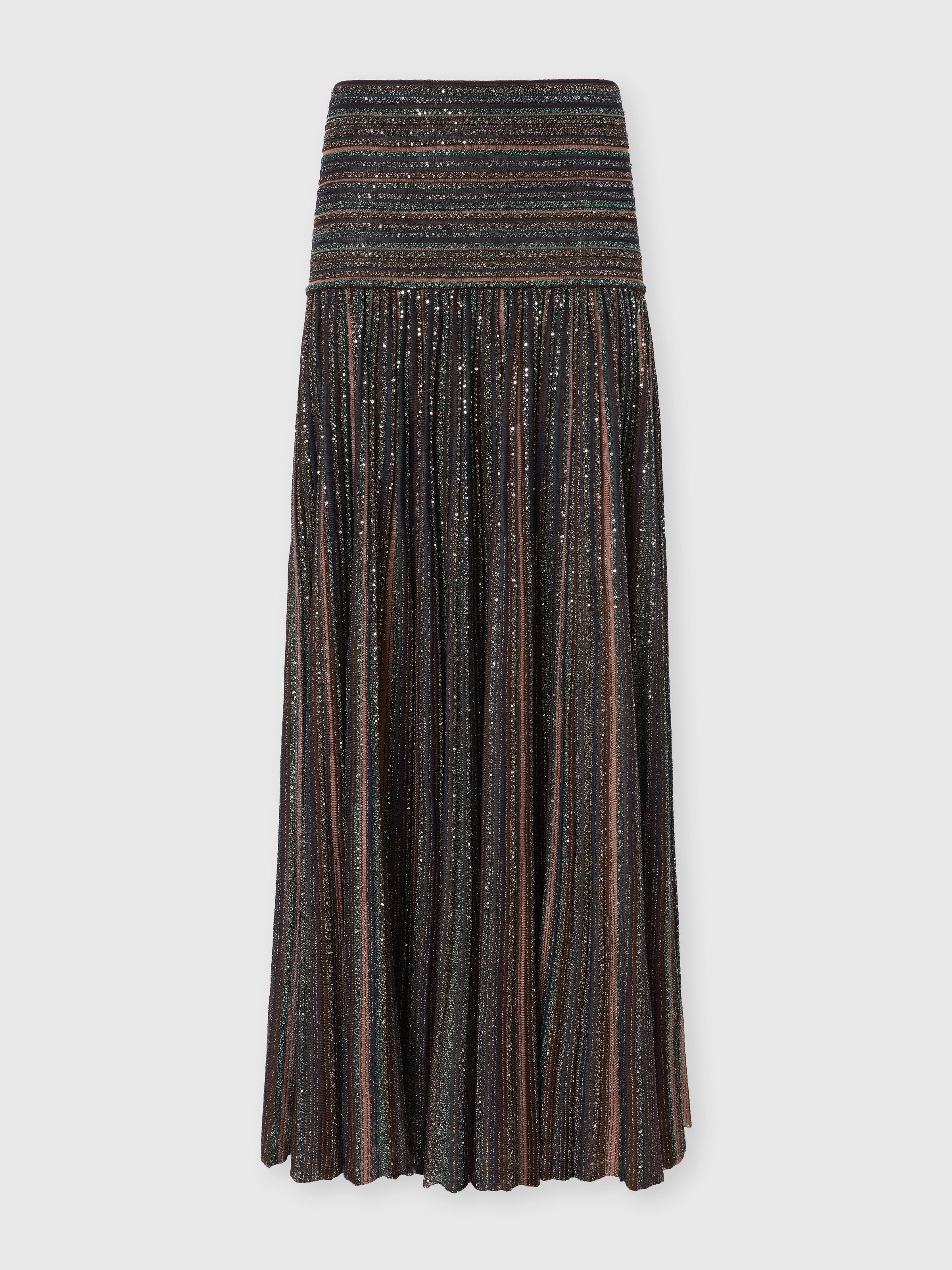 Ribbed Mixed Viscose Lamé Long Skirt, Green& Brown - 0