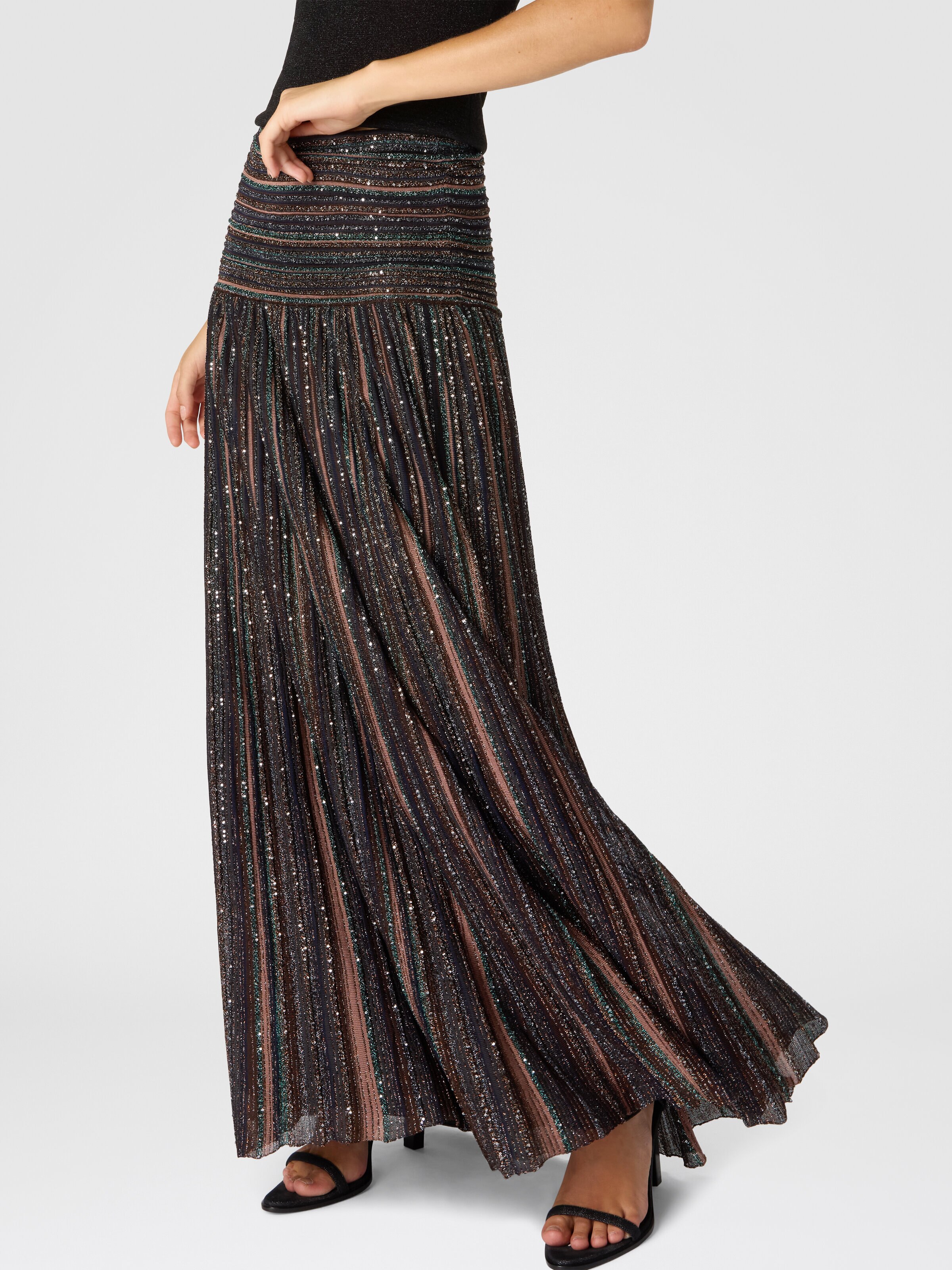 Ribbed Mixed Viscose Lamé Long Skirt, Green& Brown - 3