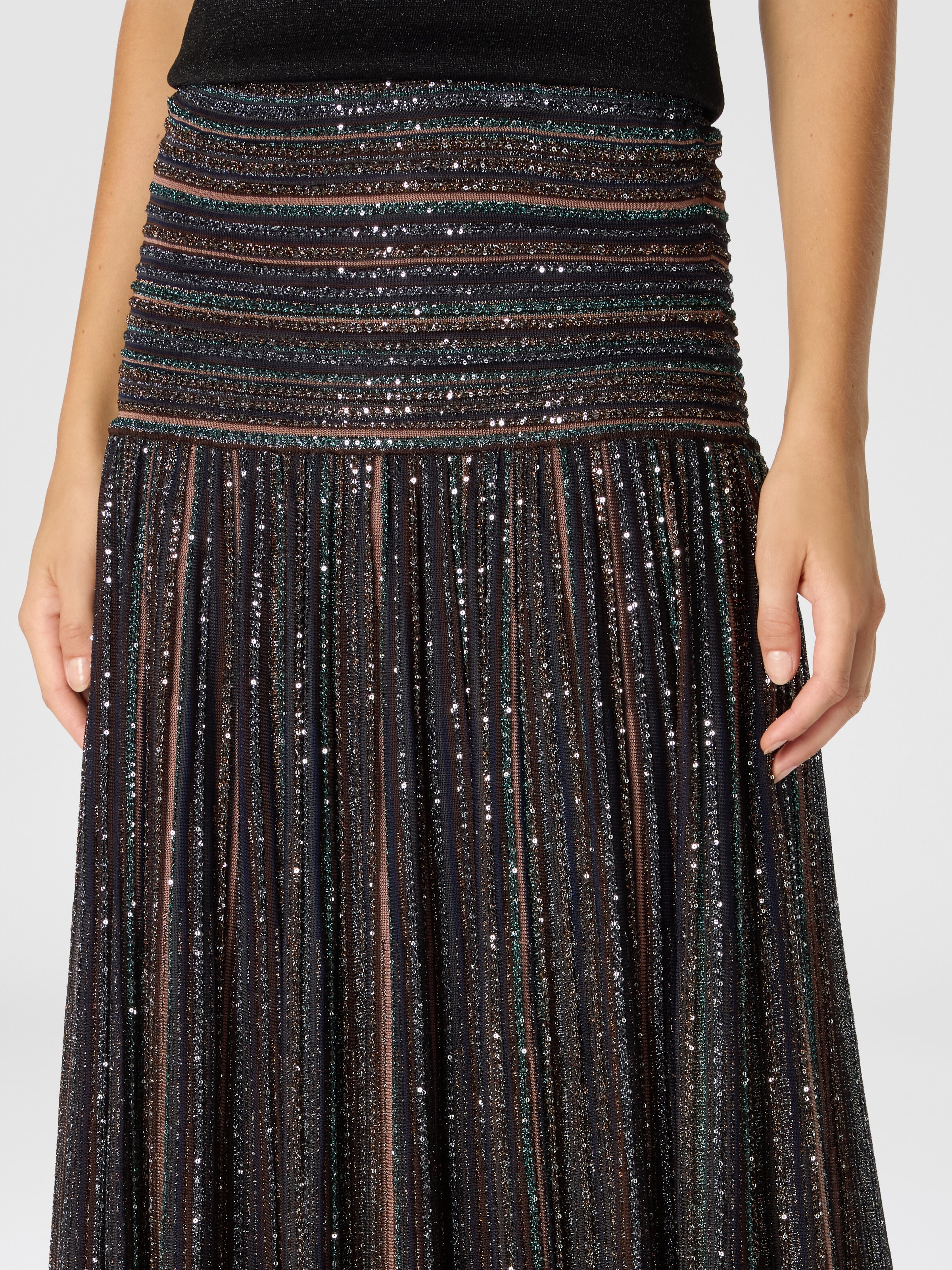 Ribbed Mixed Viscose Lamé Long Skirt, Green& Brown - 4