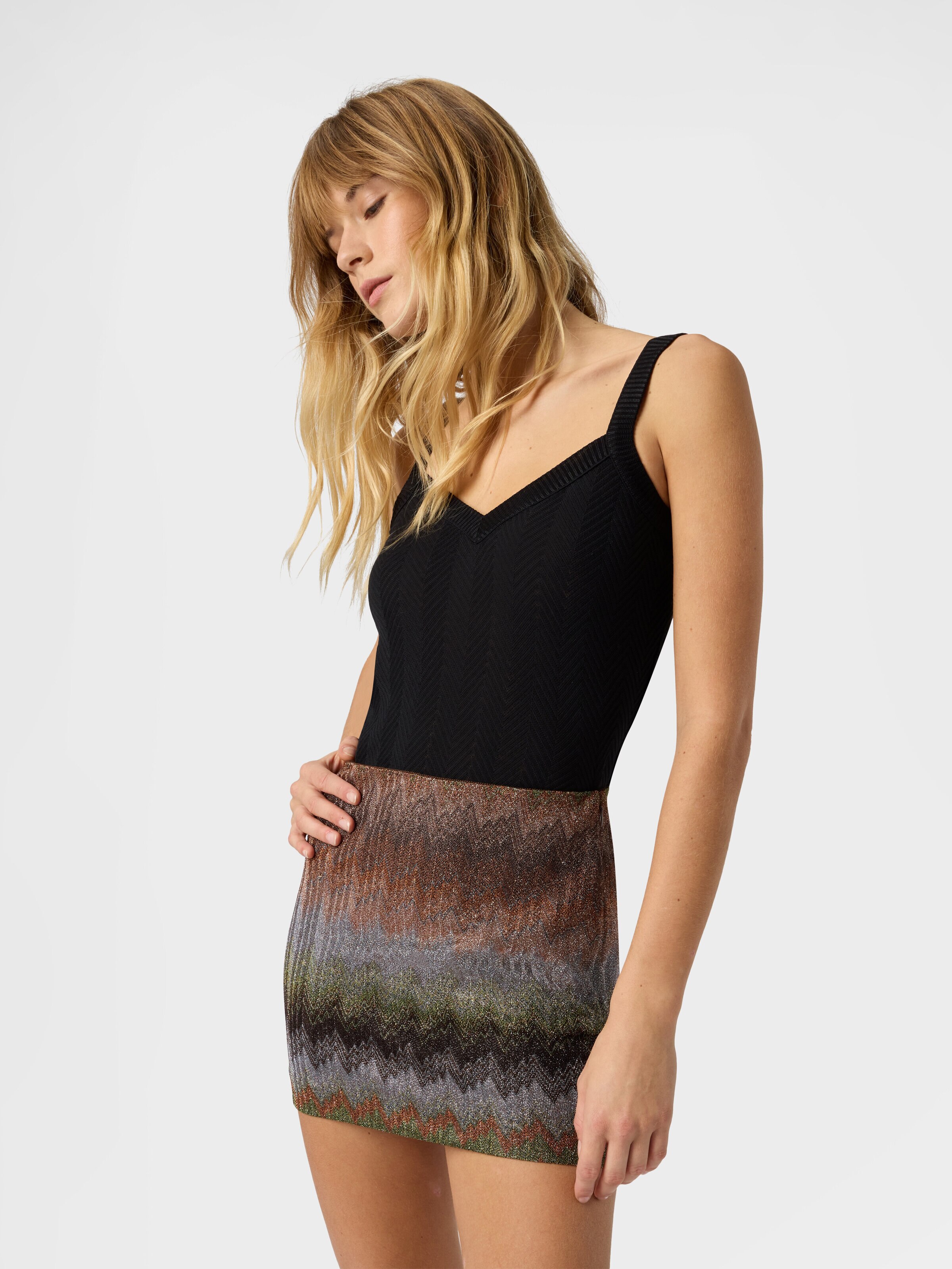 Viscose Lamé Snake-Pattern Mini Skirt, Green& Brown - 3