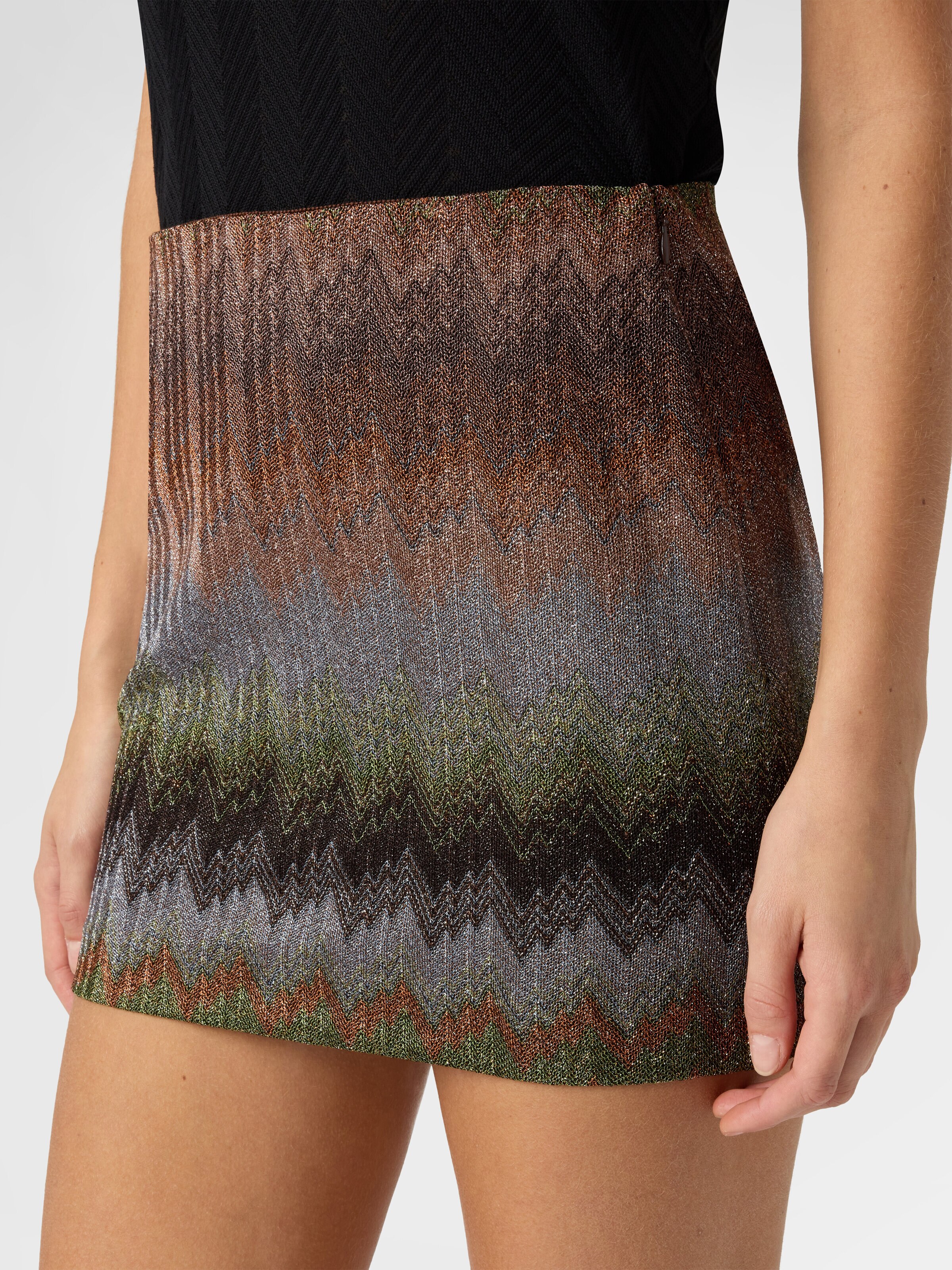 Viscose Lamé Snake-Pattern Mini Skirt, Green& Brown - 4