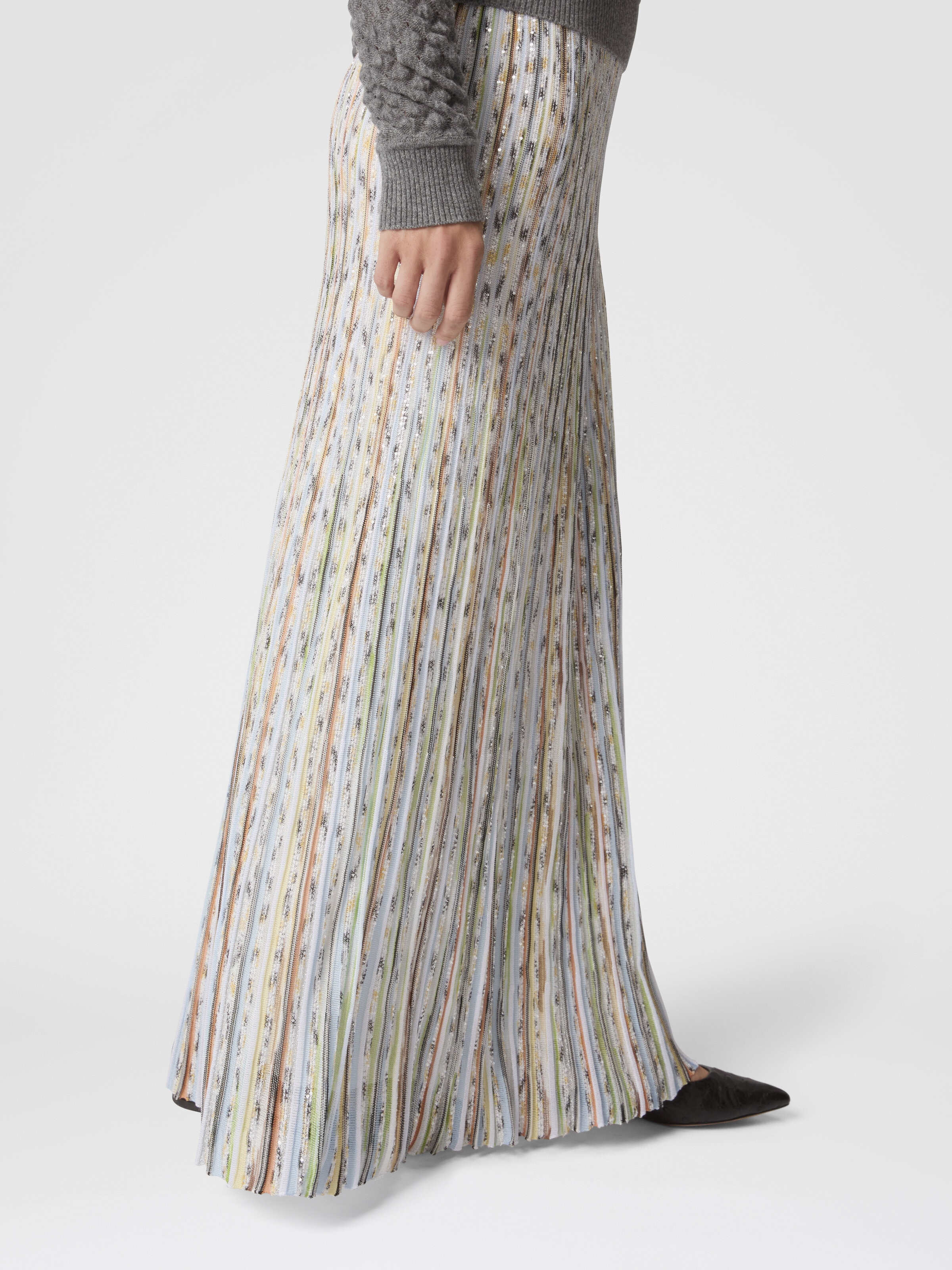 Gerippter Flamm-Viskose-Langer Rock mit Pailletten, Grün & Braun - 3