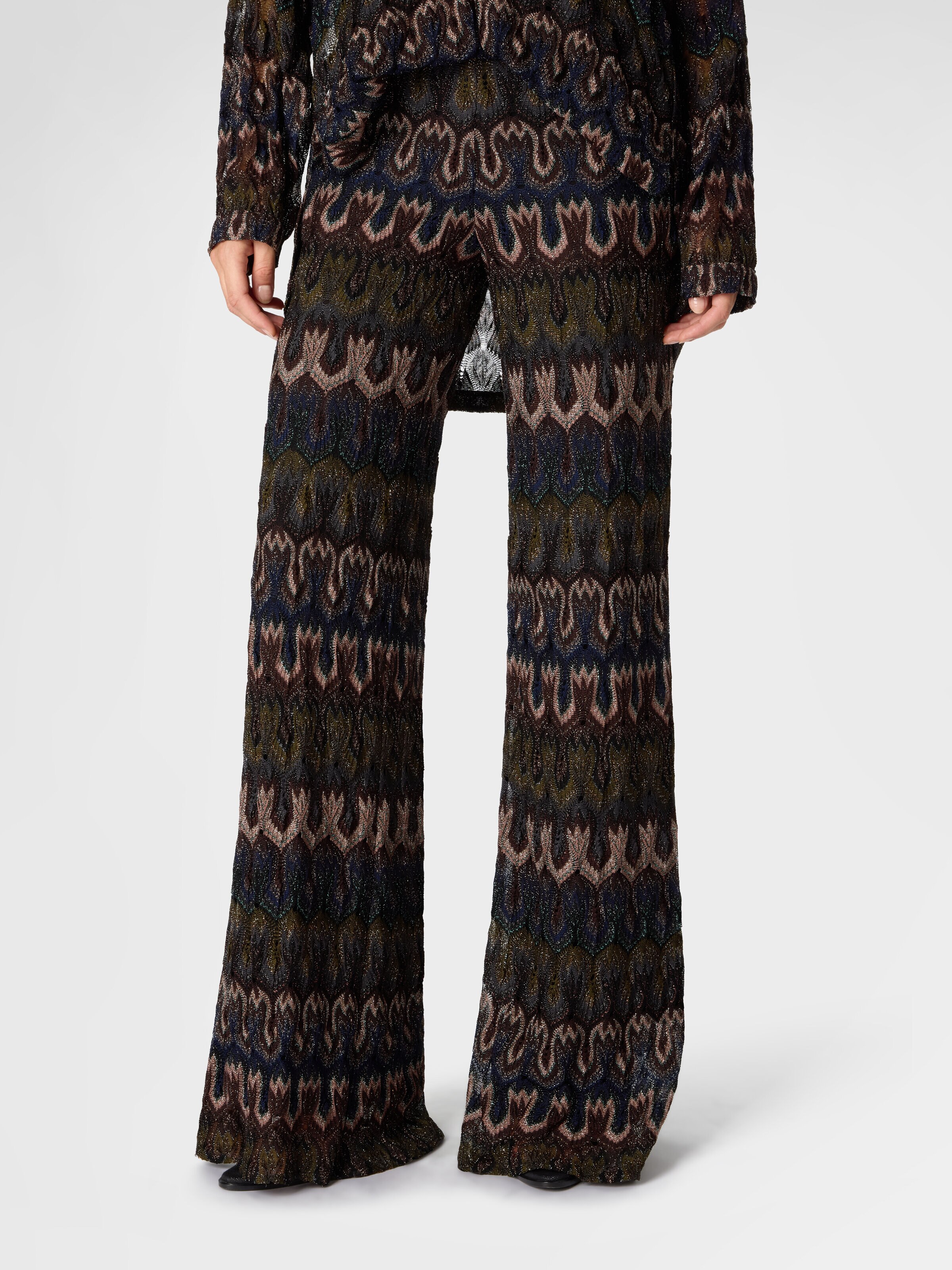 Viscose Lamé Trousers with Arabesque Motif, Green& Brown - 3