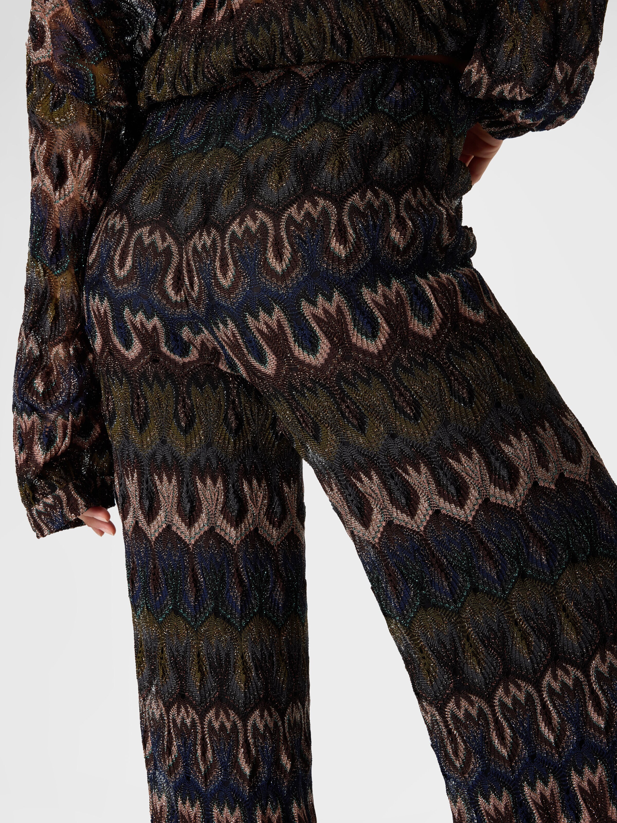 Viscose Lamé Trousers with Arabesque Motif, Green& Brown - 4