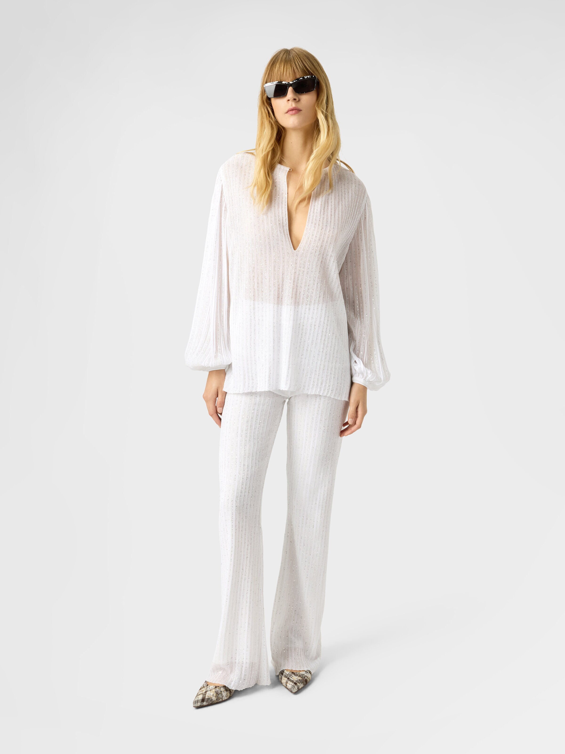 Pantalón recto acanalado de viscosa lamé con lentejuelas, Verde & Marròn - 1