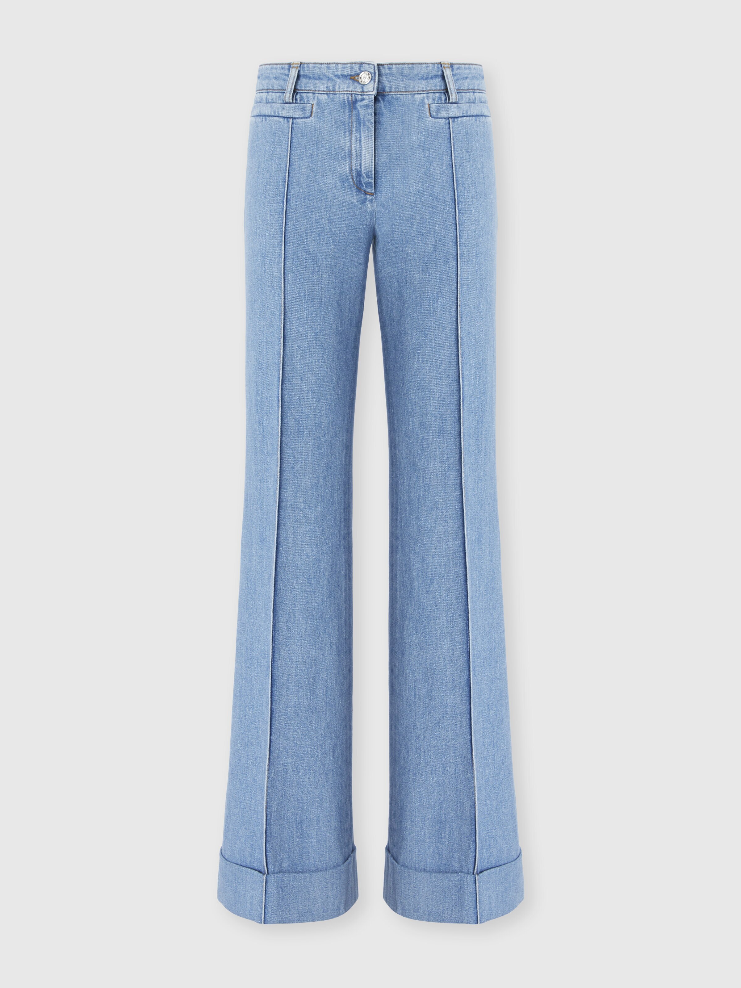 Denim Flared Trousers with Cuffed Hem and Center Crease, Green& Brown - 0