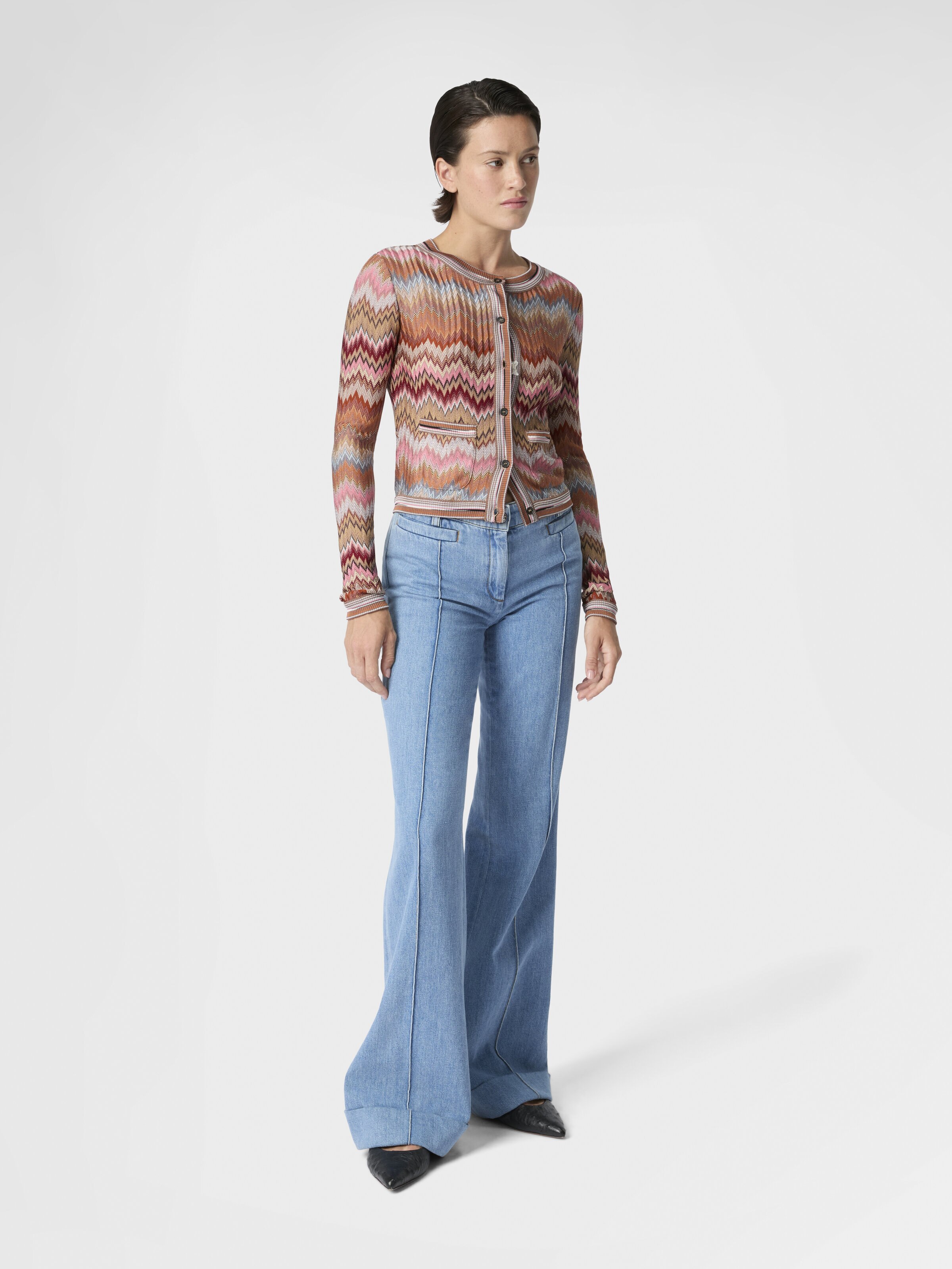 Denim Flared Trousers with Cuffed Hem and Center Crease, Green& Brown - 1