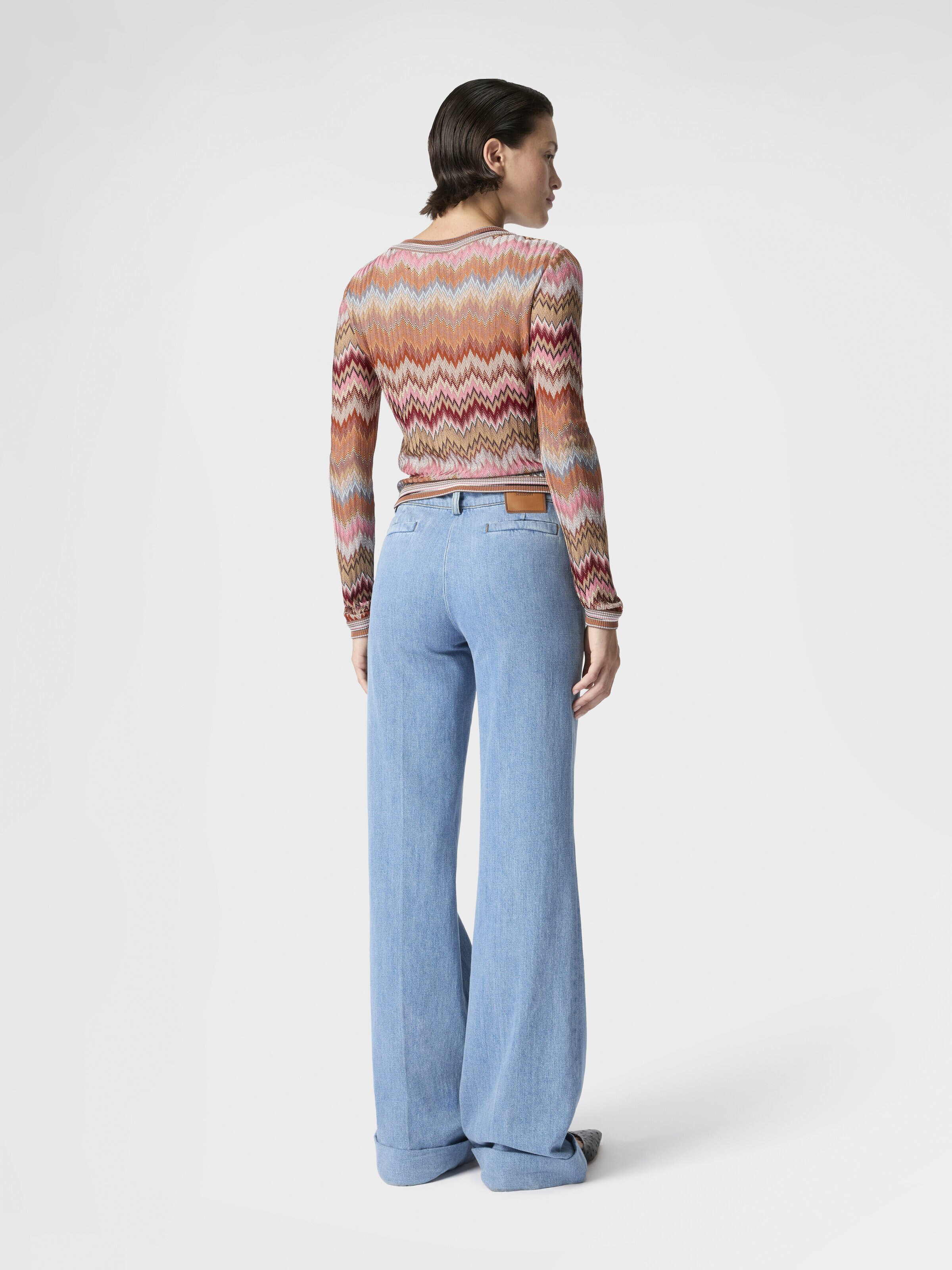 Denim Flared Trousers with Cuffed Hem and Center Crease, Green& Brown - 2