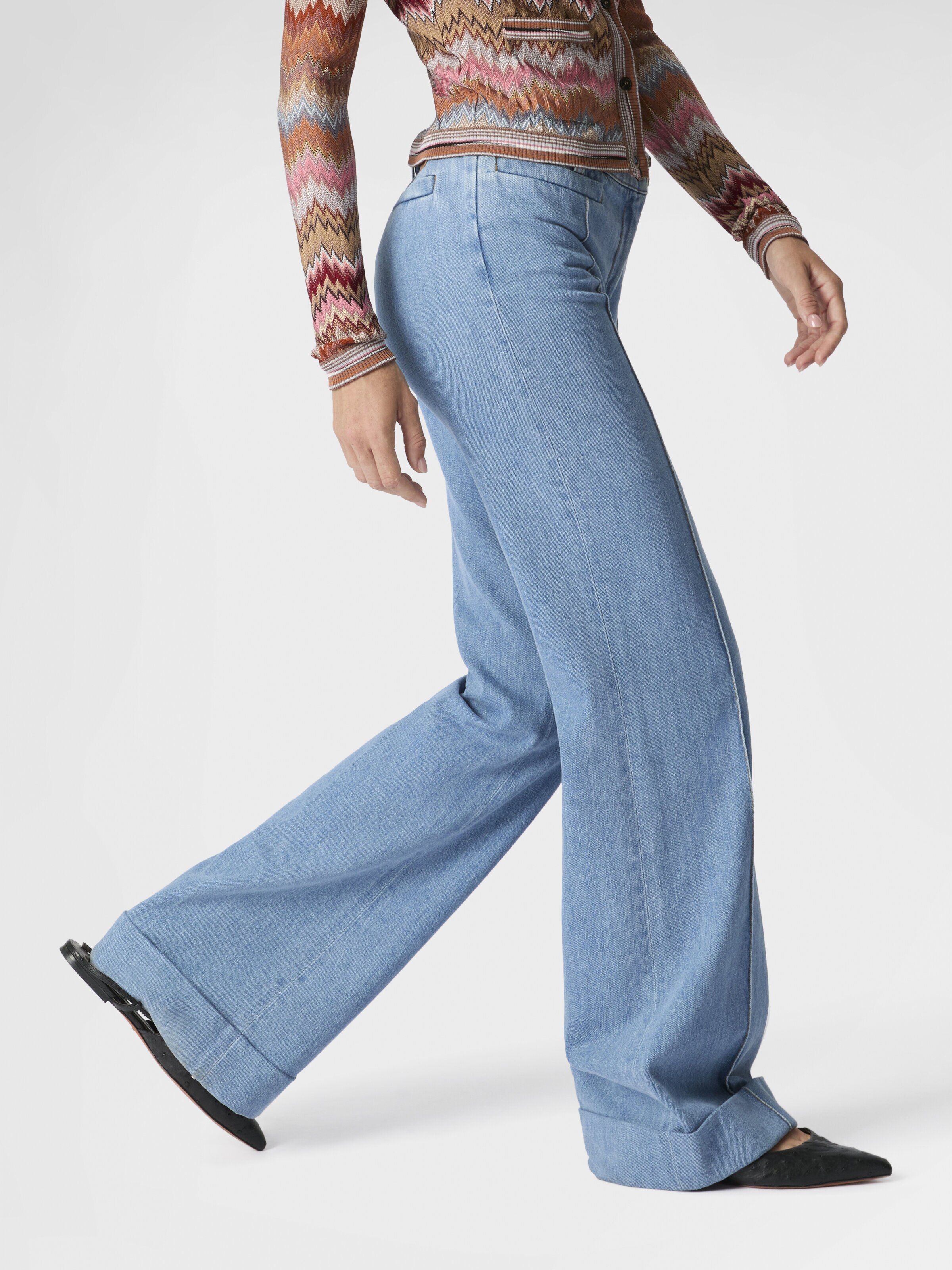 Denim Flared Trousers with Cuffed Hem and Center Crease, Green& Brown - 3