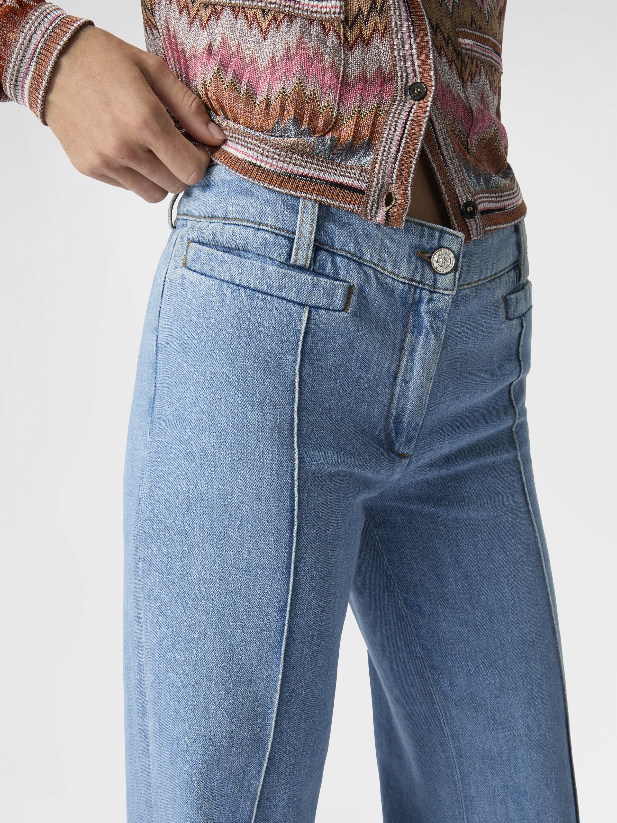 Denim Flared Trousers with Cuffed Hem and Center Crease, Green& Brown - 4