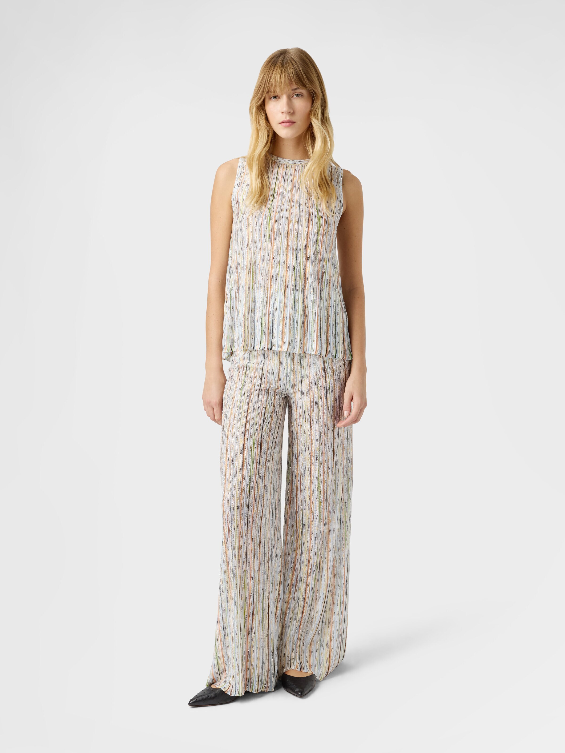 Ribbed Mixed Viscose Trousers with Sequins, Green& Brown - 1