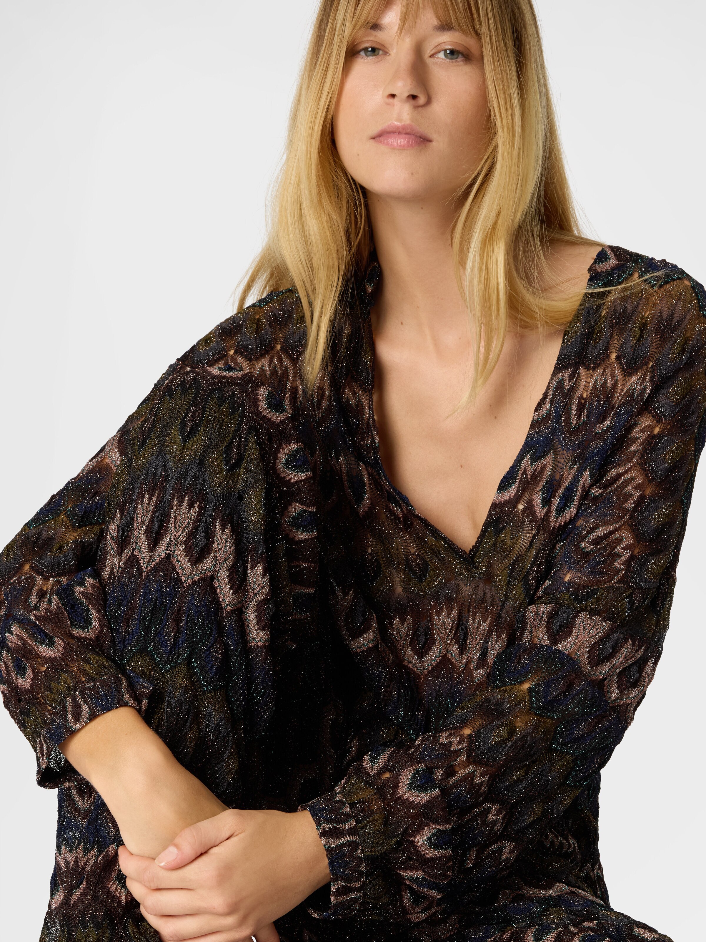 Viscose Lamé Blouse with Arabesque Motif, Green& Brown - 3