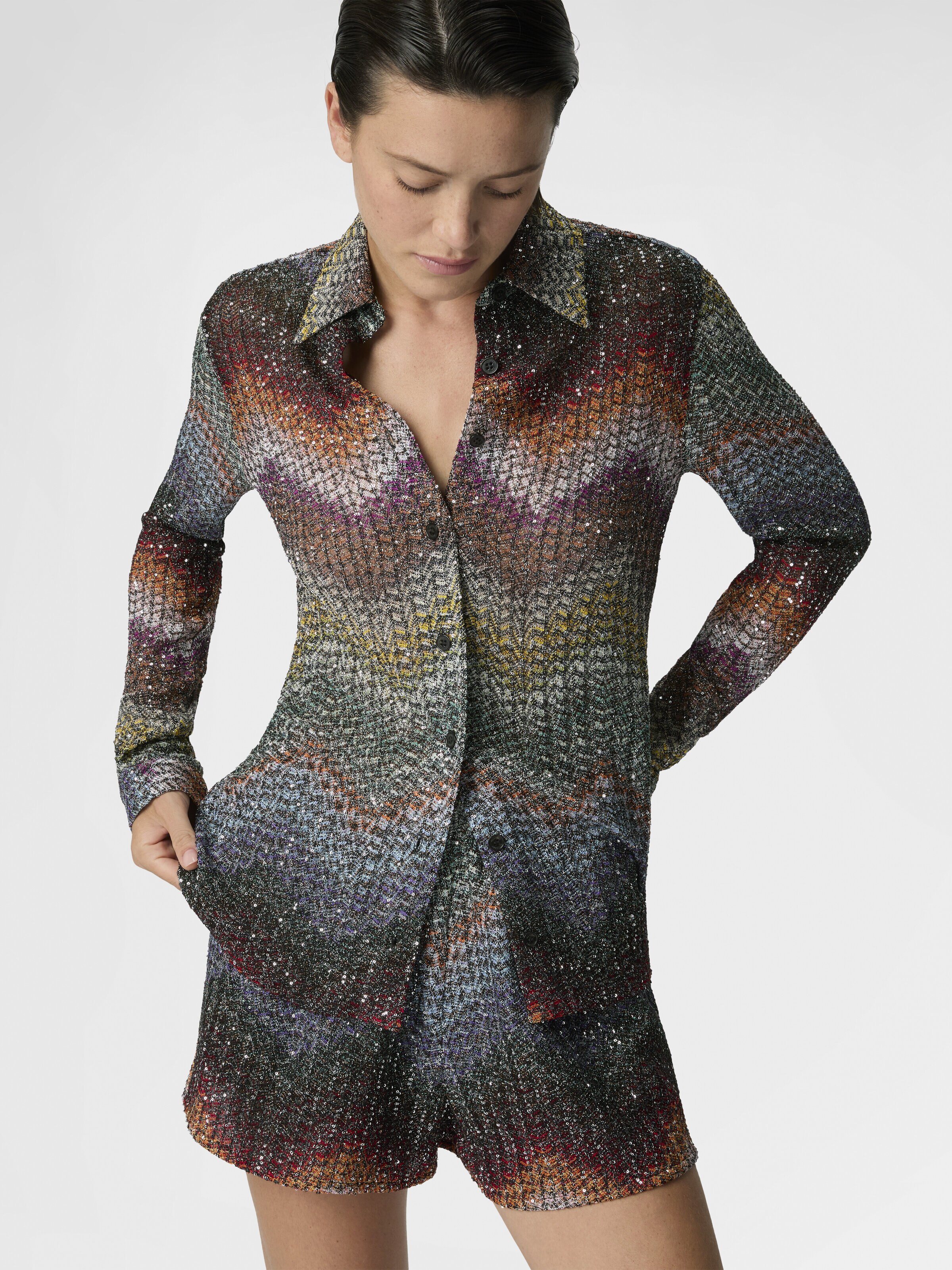 Mixed Viscose Lamé Shirt with Sequins, Green& Brown - 3