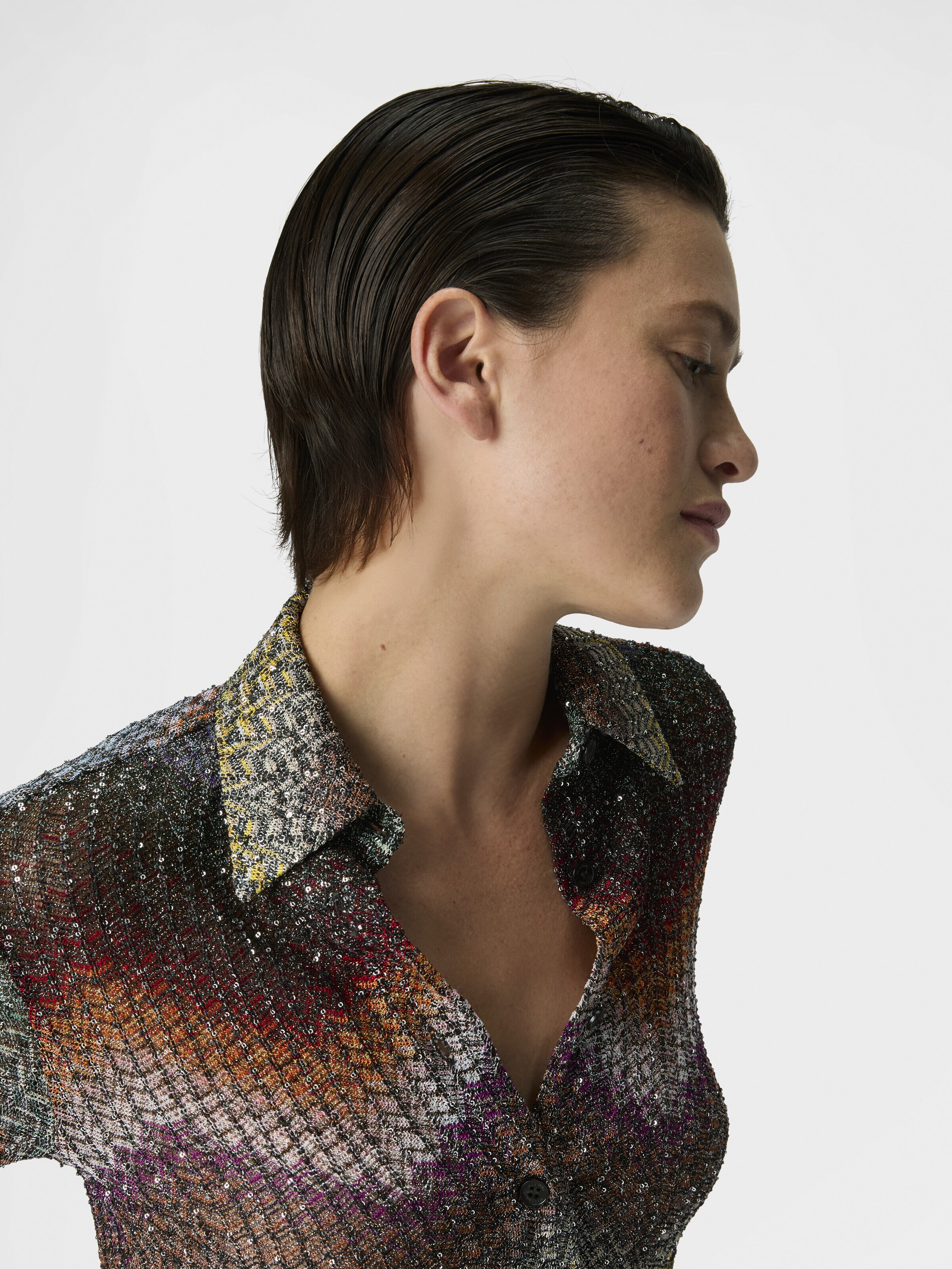 Mixed Viscose Lamé Shirt with Sequins, Green& Brown - 4