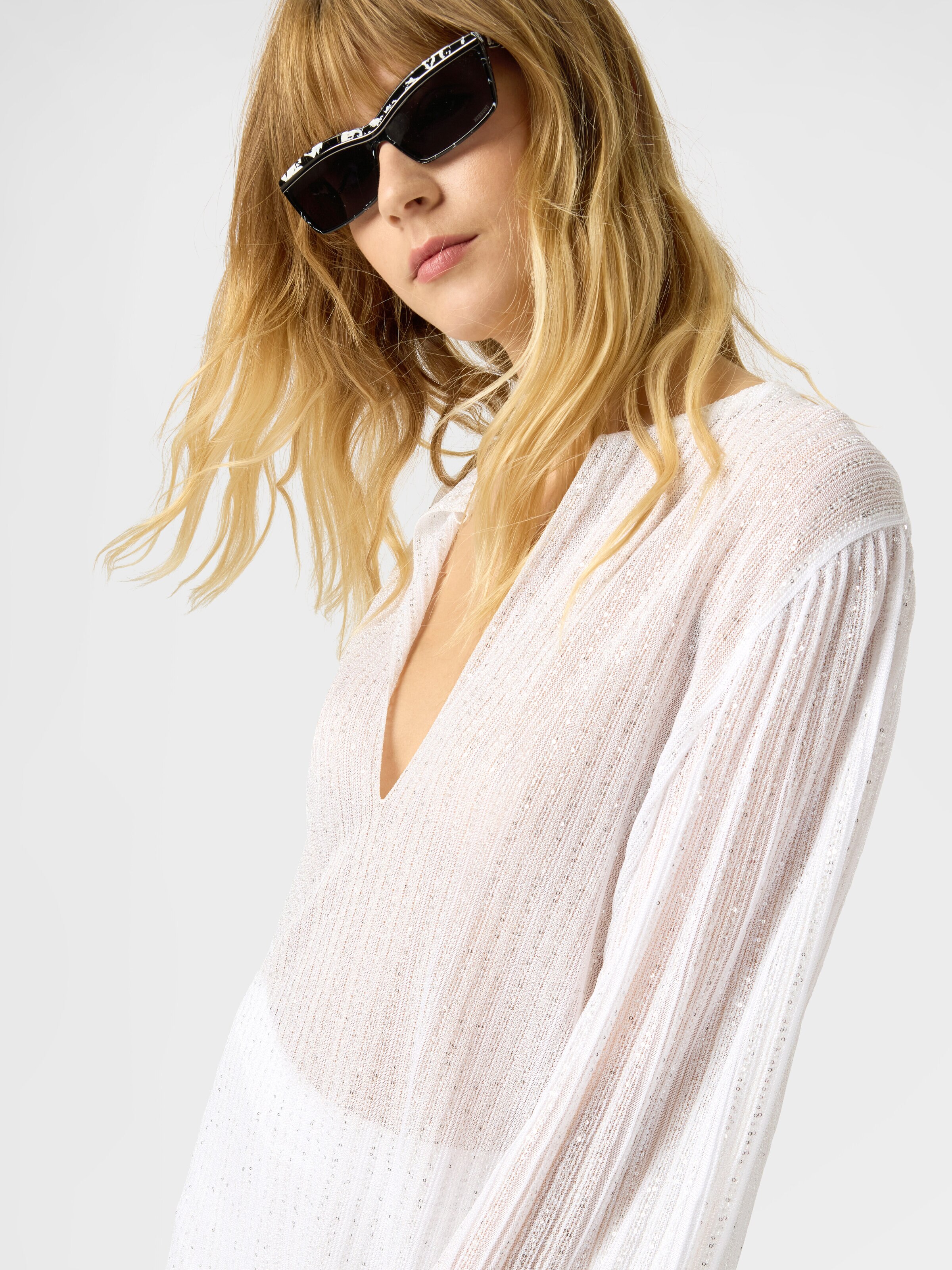 Blusa acanalada de viscosa lamé con lentejuelas, Verde & Marròn - 3