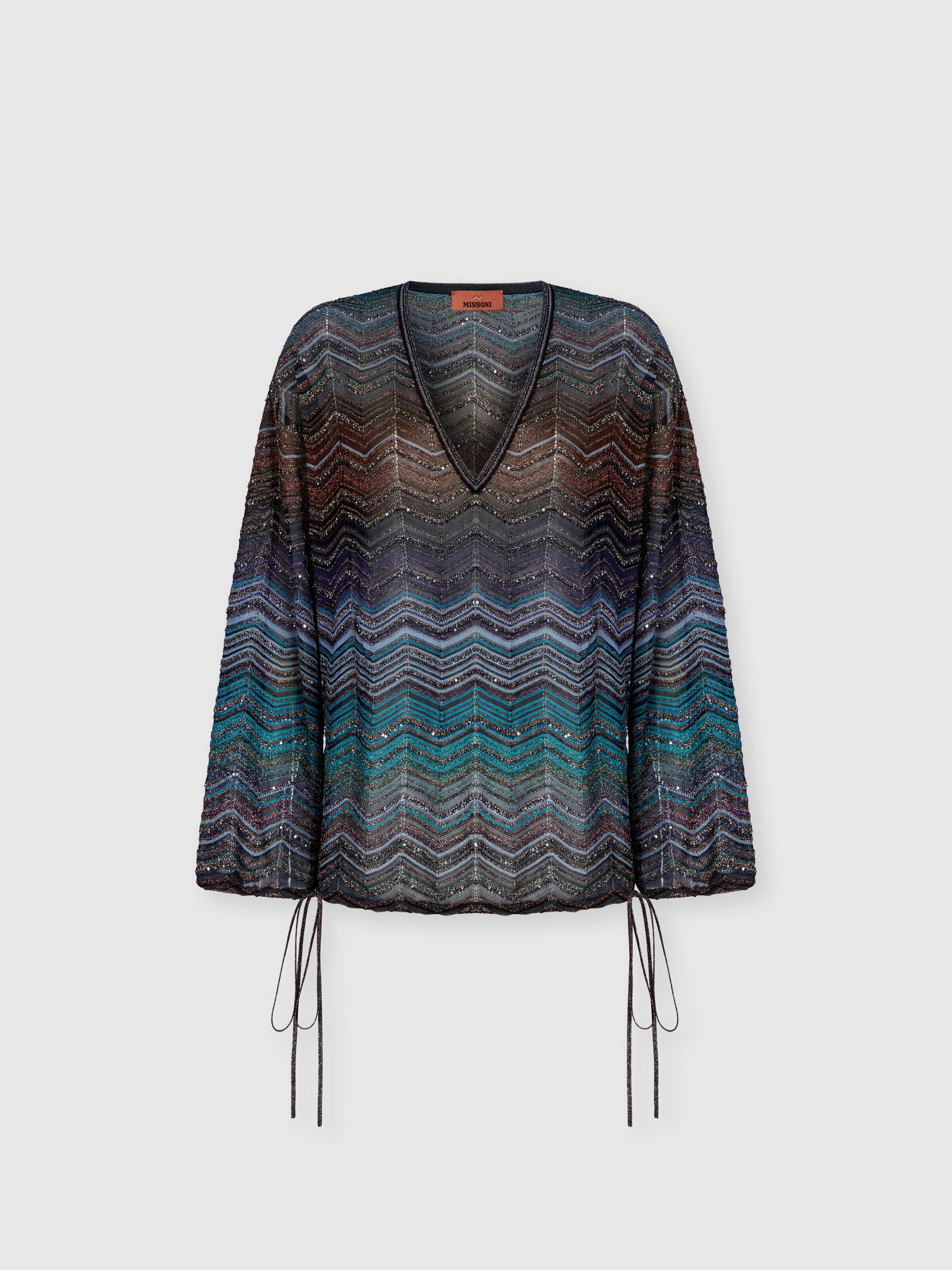 Blusa de viscosa lamé con motivo chevron y lentejuelas, Verde & Marròn - 0