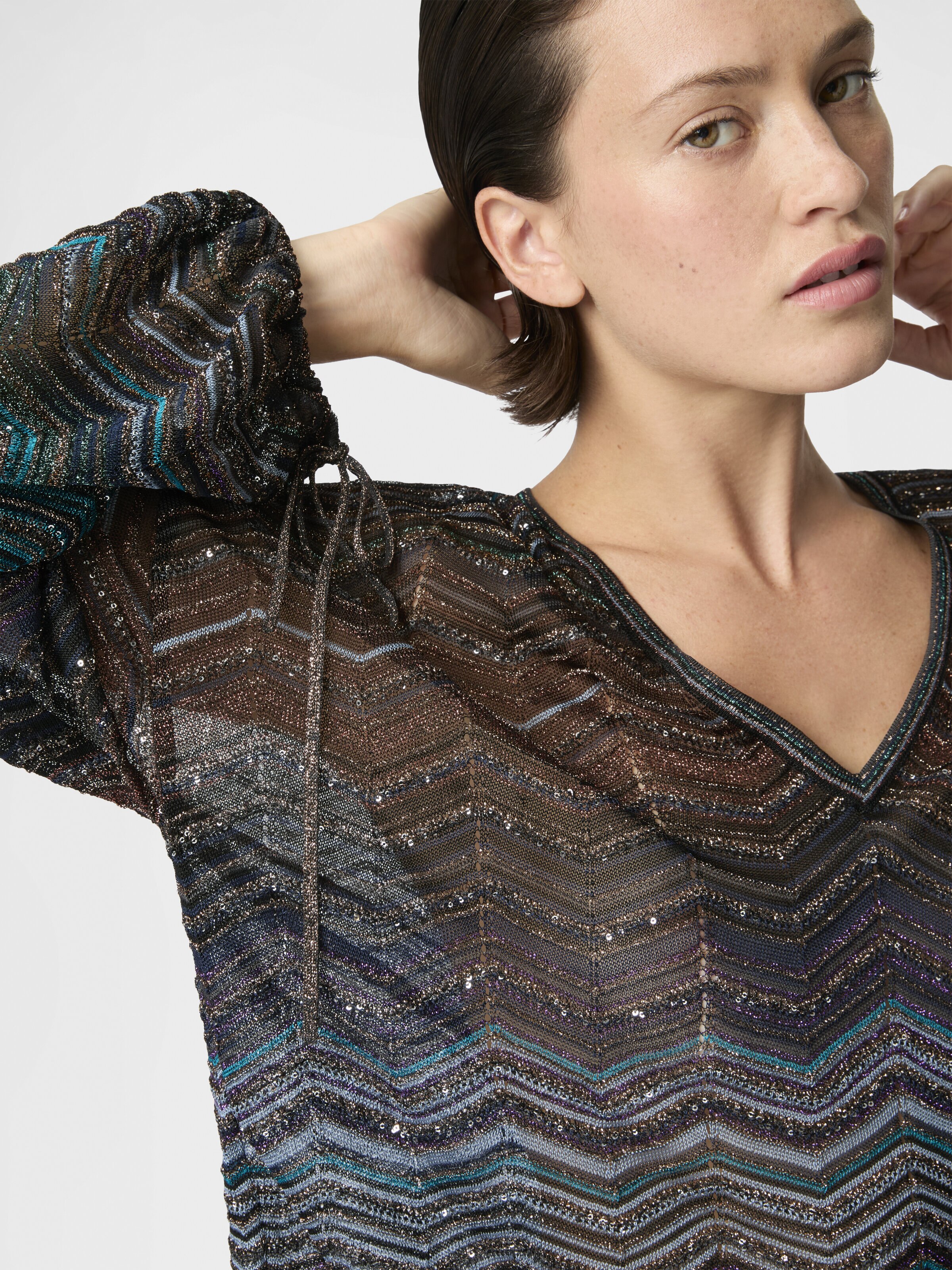 Blusa de viscosa lamé con motivo chevron y lentejuelas, Verde & Marròn - 4