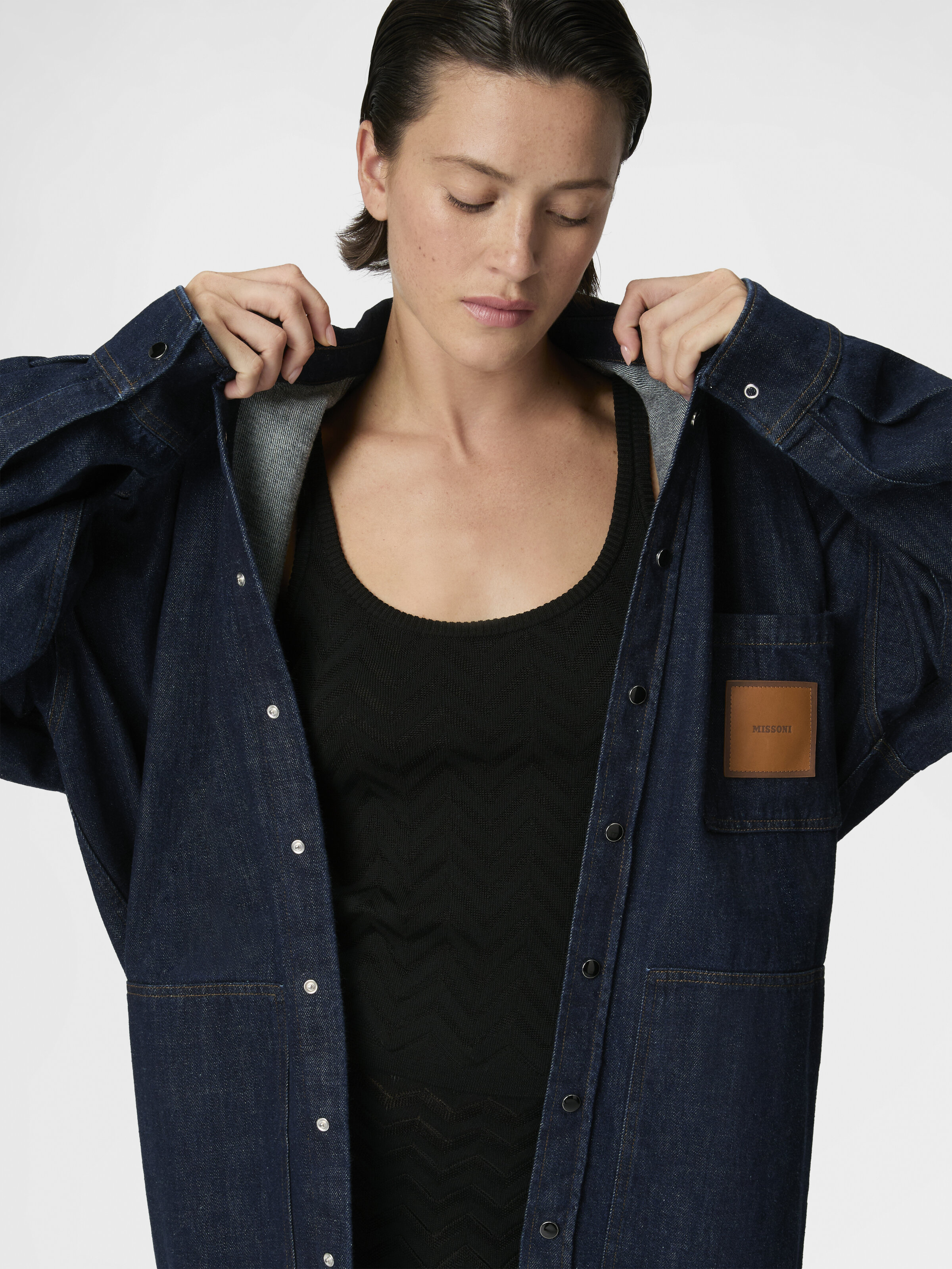 Cotton Denim Overshirt with Logo Patch, Green& Brown - 3