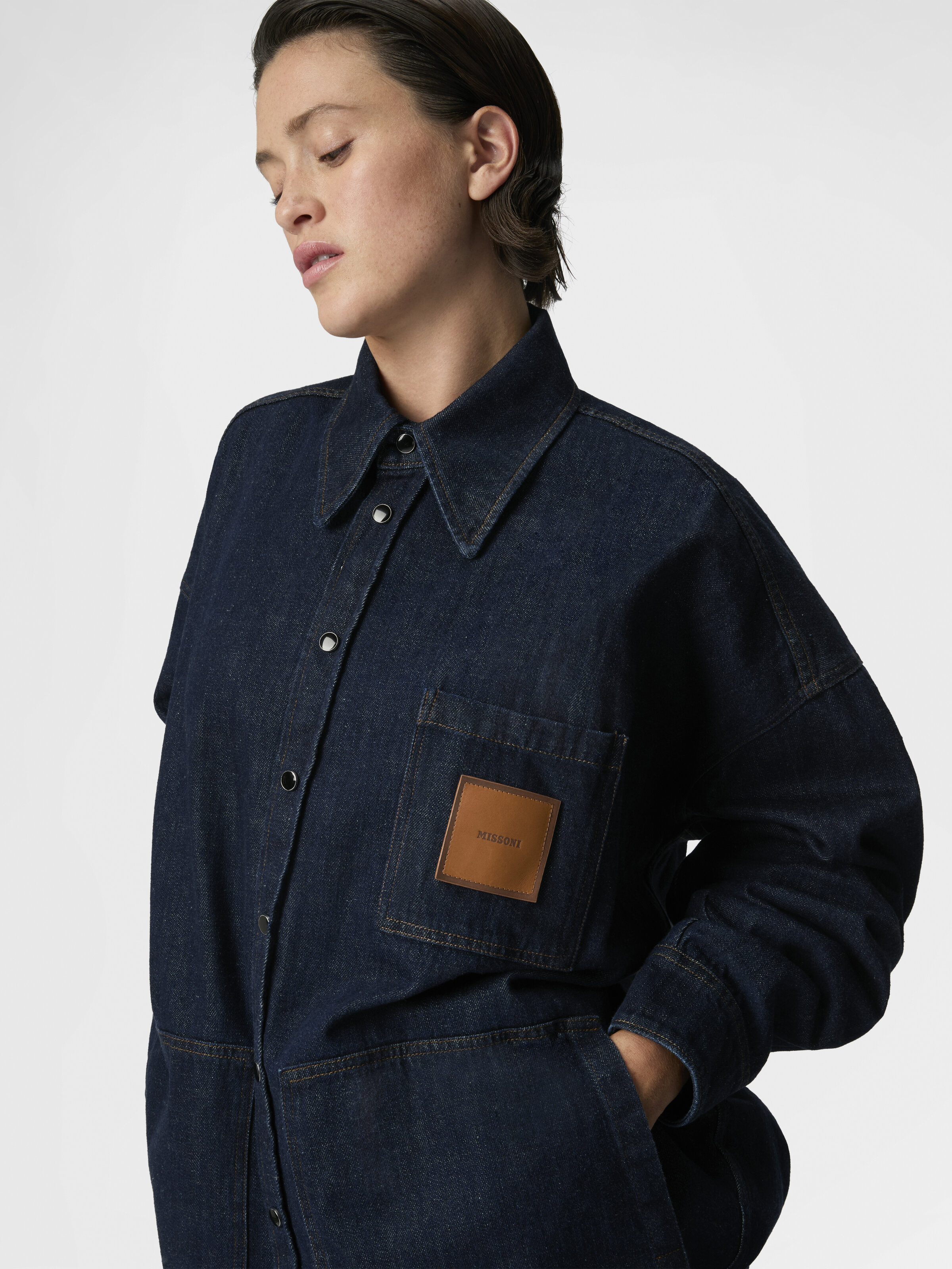 Cotton Denim Overshirt with Logo Patch, Green& Brown - 4