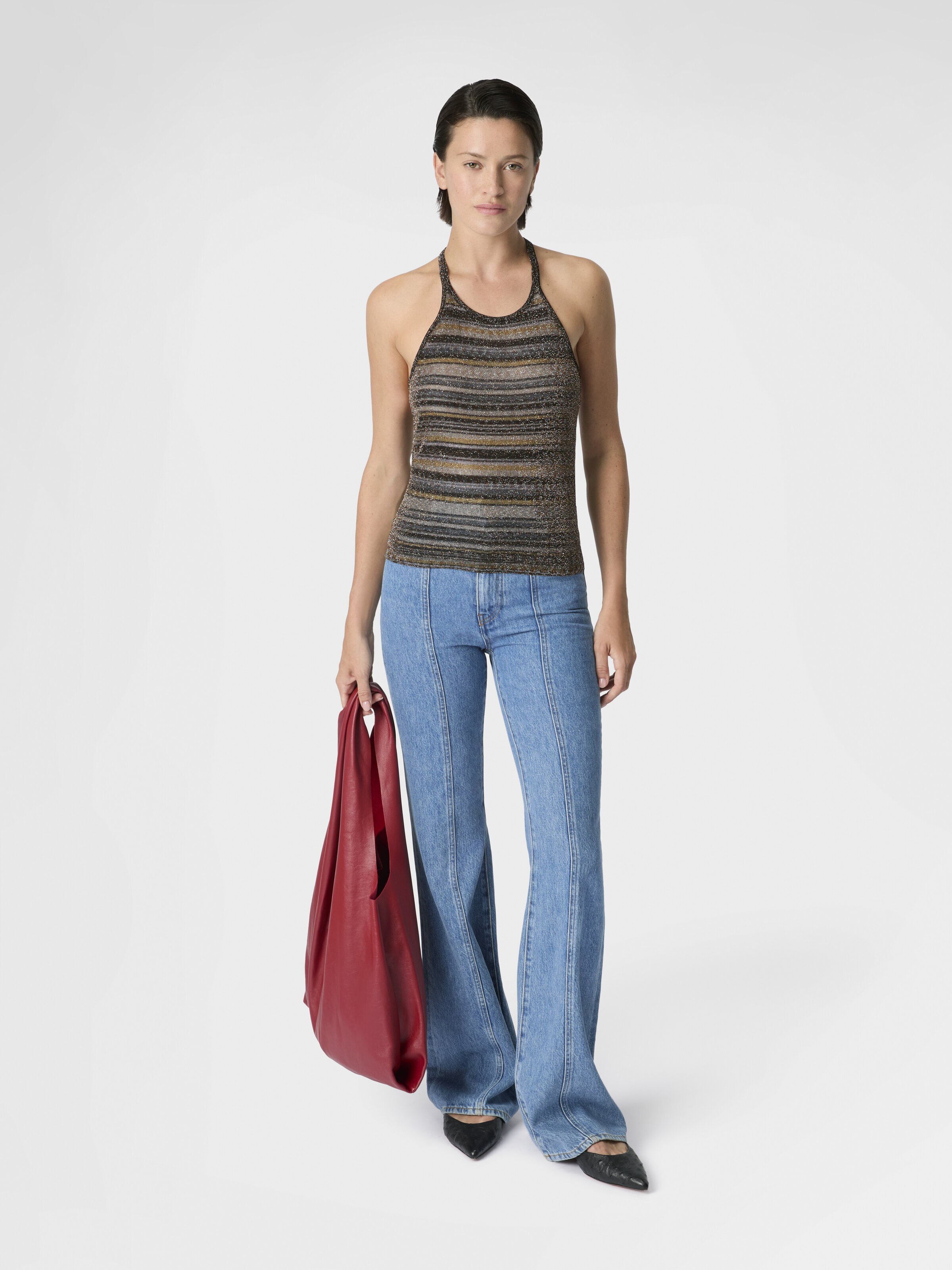 Striped Viscose Lamé Top with Halter Neck, Green& Brown - 1