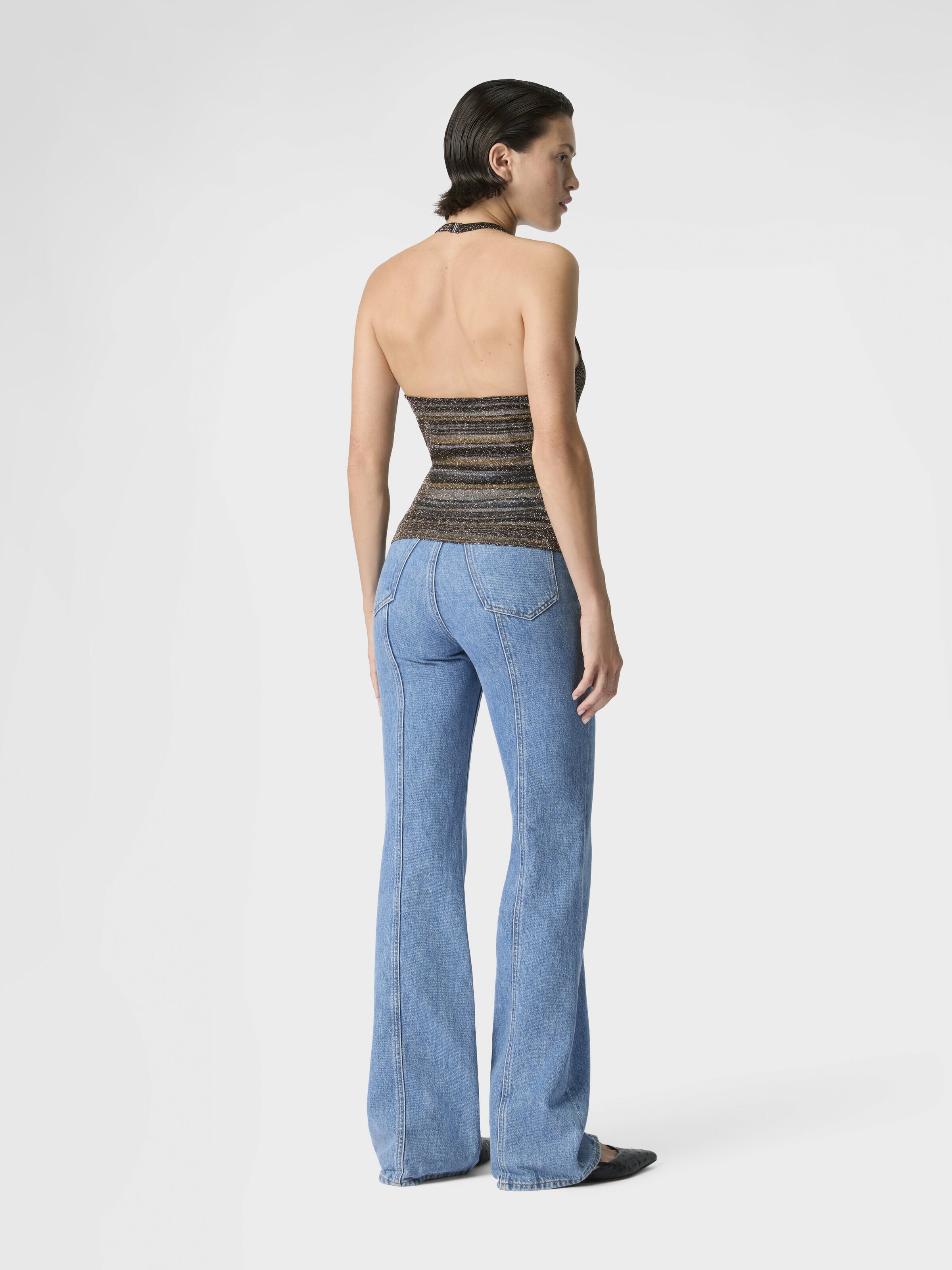 Striped Viscose Lamé Top with Halter Neck, Green& Brown - 2