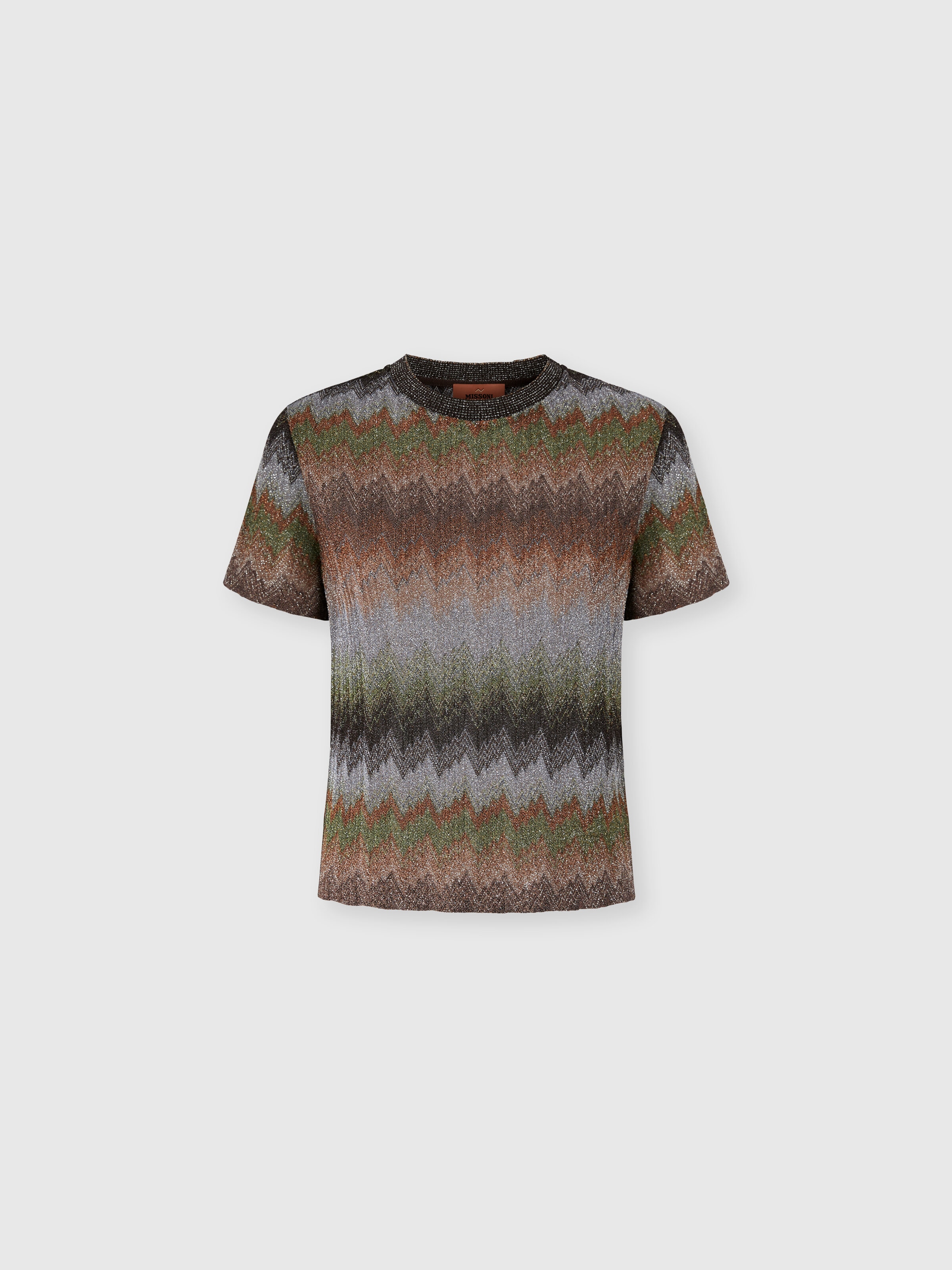 Snake-Pattern Viscose Lamé Crewneck T-Shirt, Green& Brown - 0