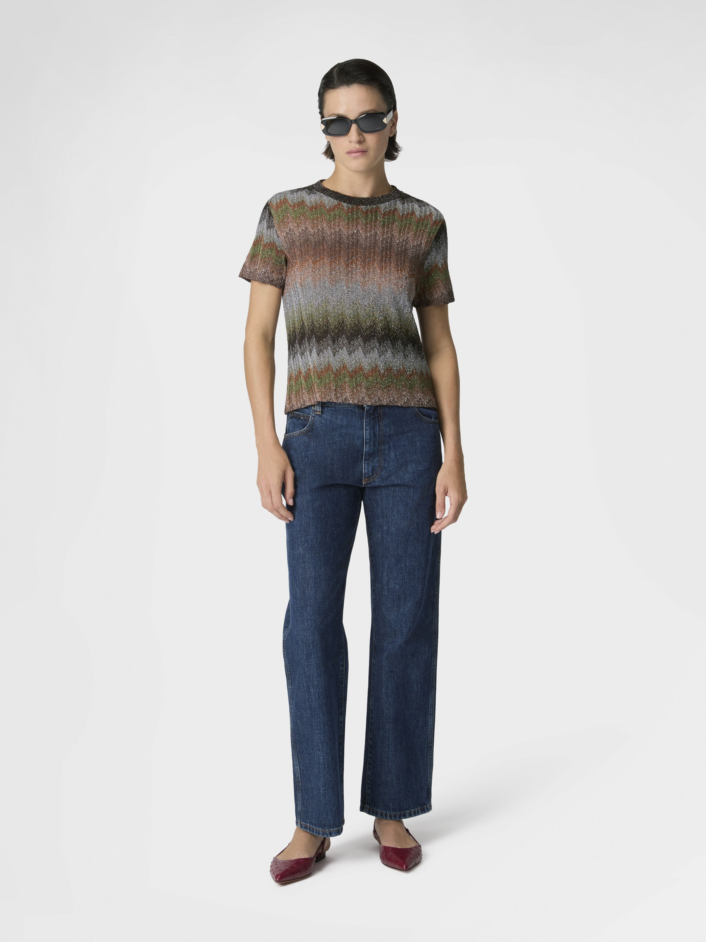 Snake-Pattern Viscose Lamé Crewneck T-Shirt, Green& Brown - 1