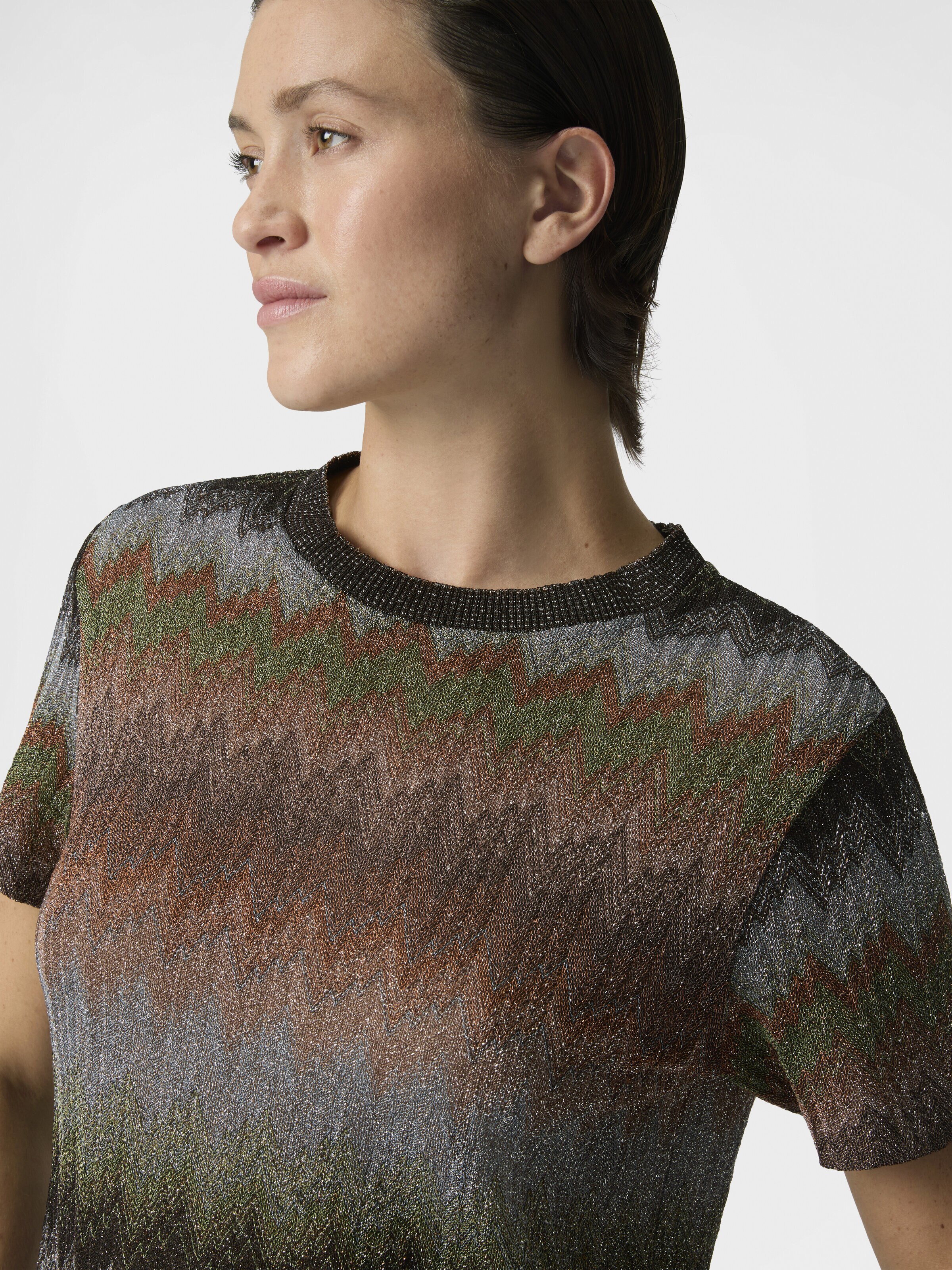 Snake-Pattern Viscose Lamé Crewneck T-Shirt, Green& Brown - 3