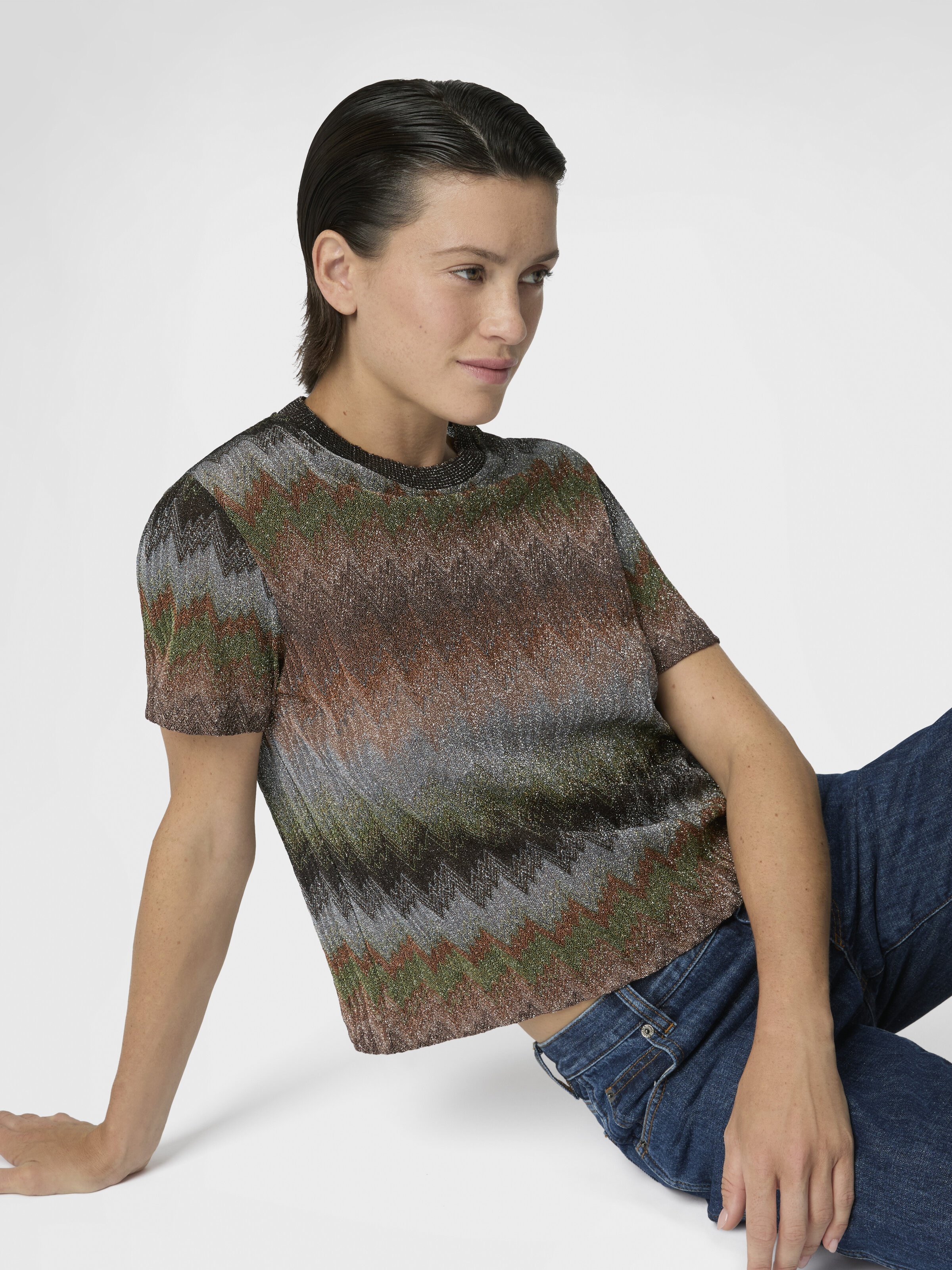 Snake-Pattern Viscose Lamé Crewneck T-Shirt, Green& Brown - 4