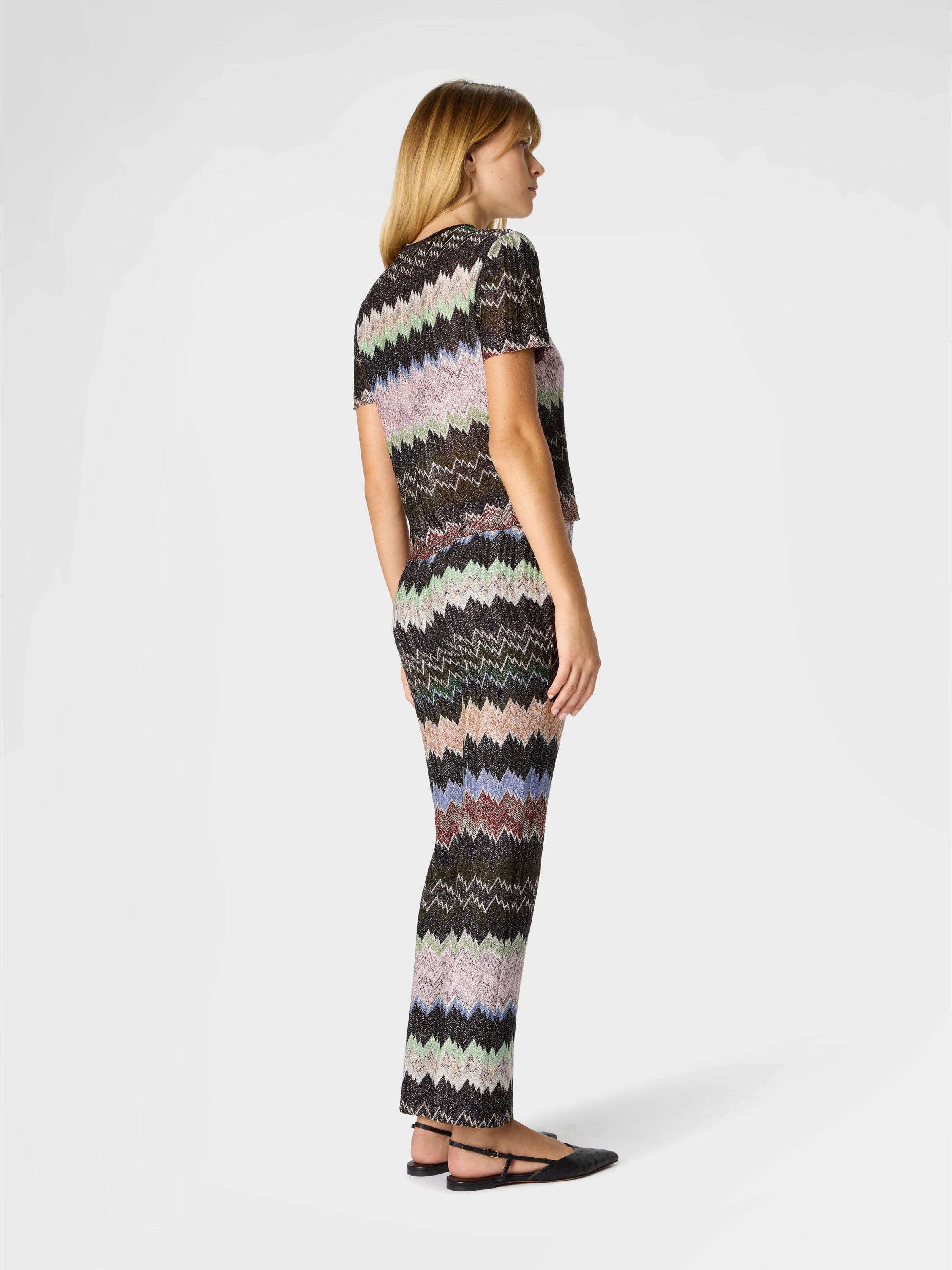 Viscose Lamé Crewneck T-Shirt with Ribbed Collar, Green& Brown - 2