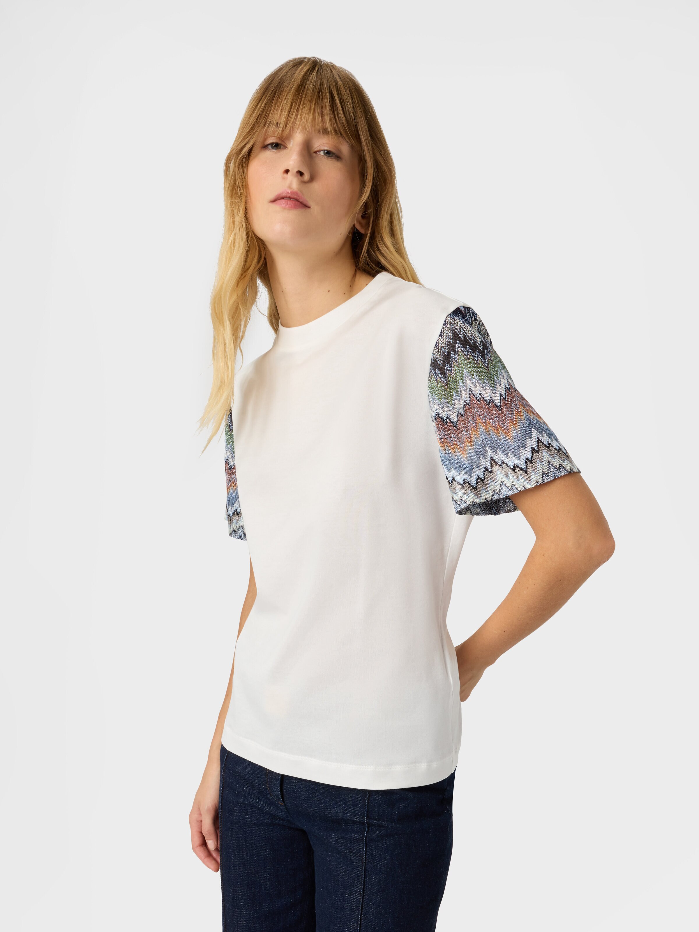 Cotton Jersey Crewneck T-Shirt with Contrast Sleeves, Green& Brown - 3