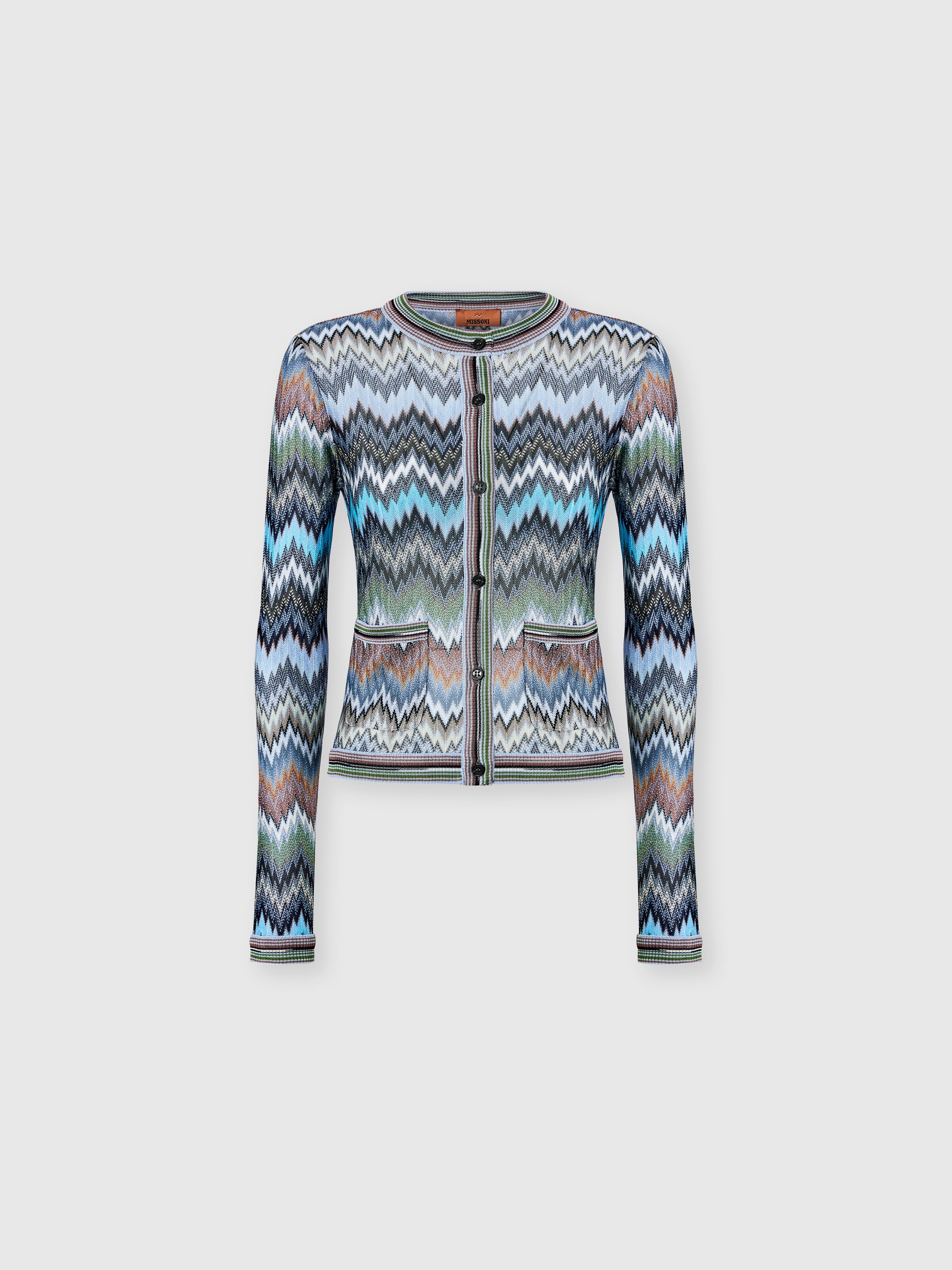 Snake-Pattern Viscose Chevron Cardigan with Patch Pockets